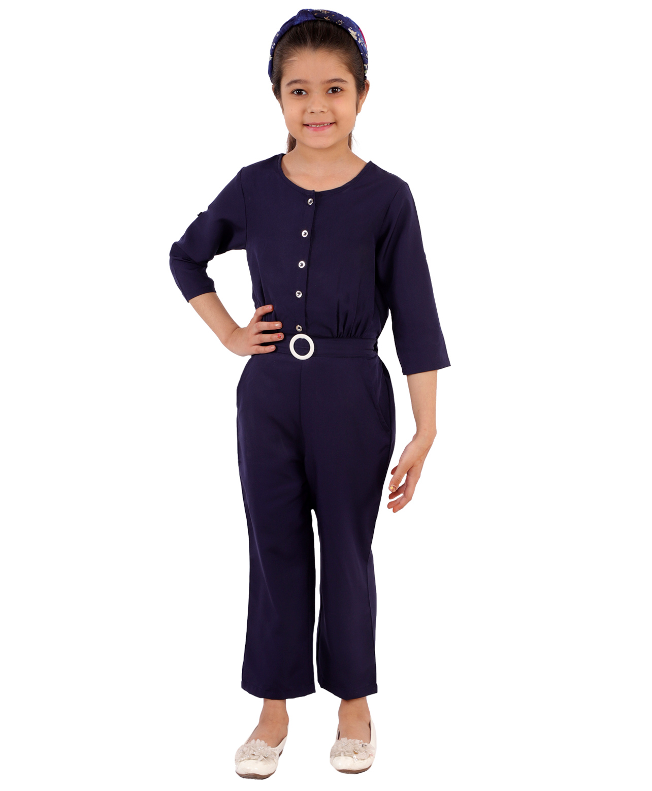 Kids Cave Three Fourth Sleeves Solid Jumpsuit - Navy Blue-picture-19