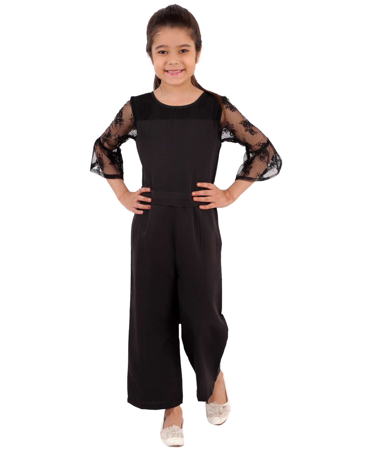 Kids Cave Three Fourth Sleeves Net Detailed Solid Jumpsuit - Black-picture-23