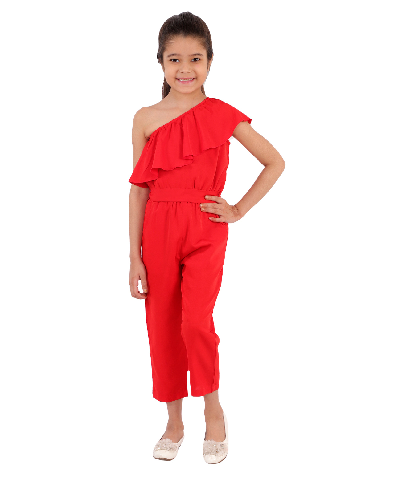 Kids Cave One Shoulder Solid Ruffled Jumpsuit - Red-picture-10