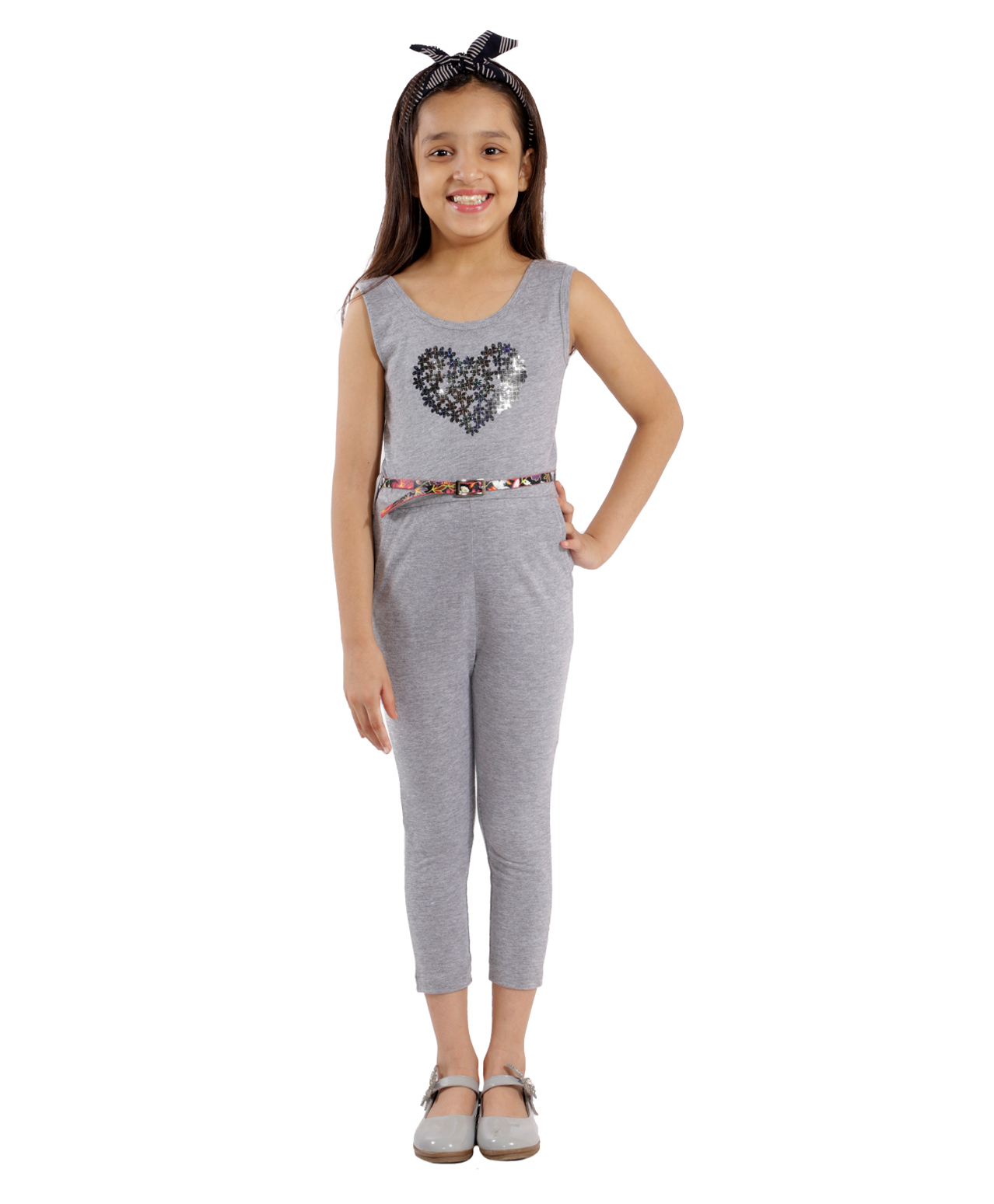 Kids Cave Sleeveless Heart Printed Jumpsuit With Belt - Grey-image-5