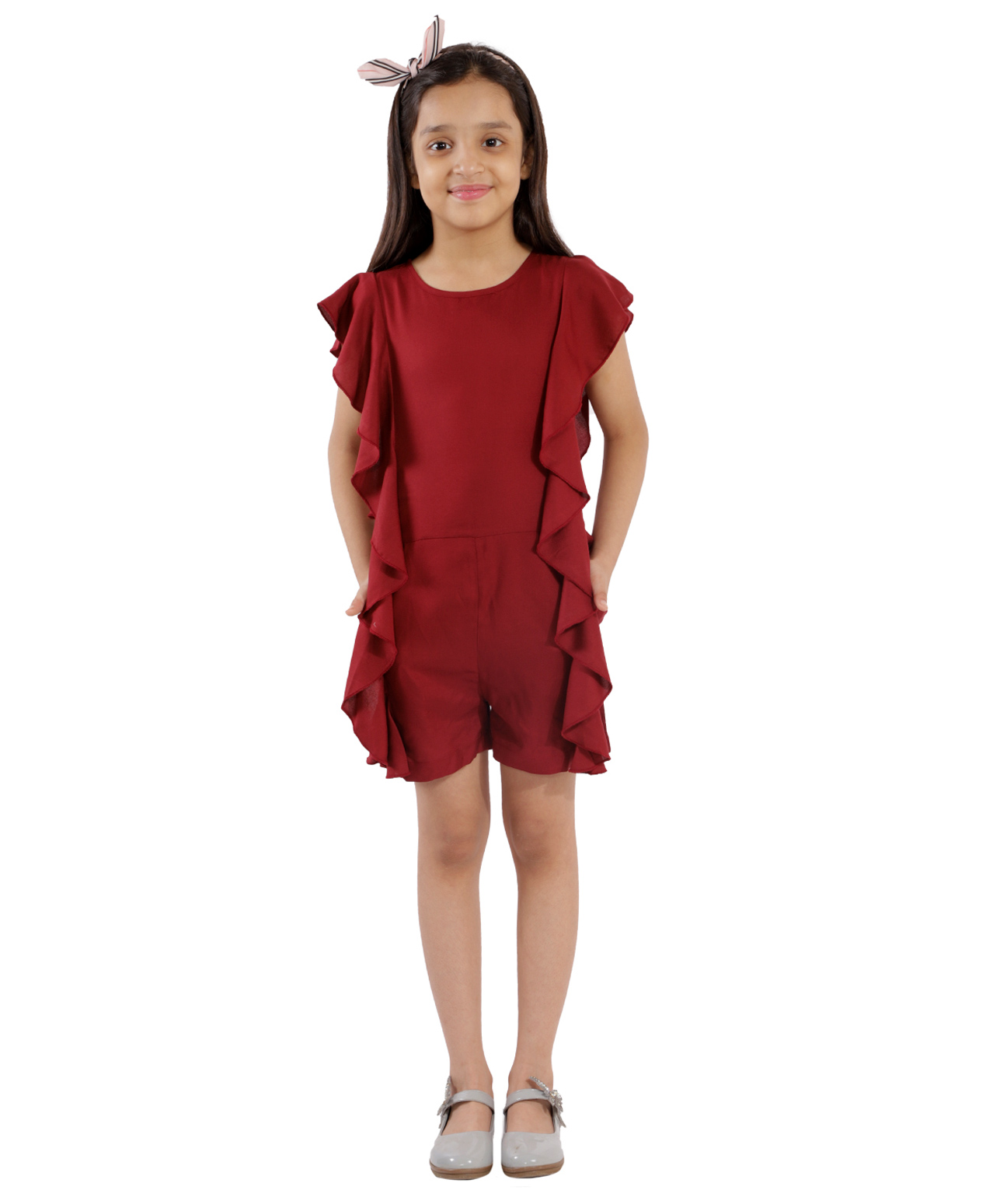 Kids Cave Flutter Sleeves Ruffles Detailed Solid Jumpsuit - Maroon-picture-23