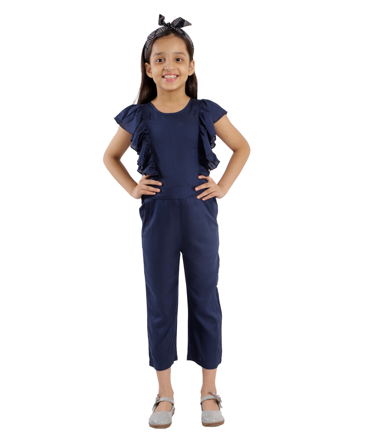 Kids Cave Frill Sleeves Solid Jumpsuit- Blue-picture-39