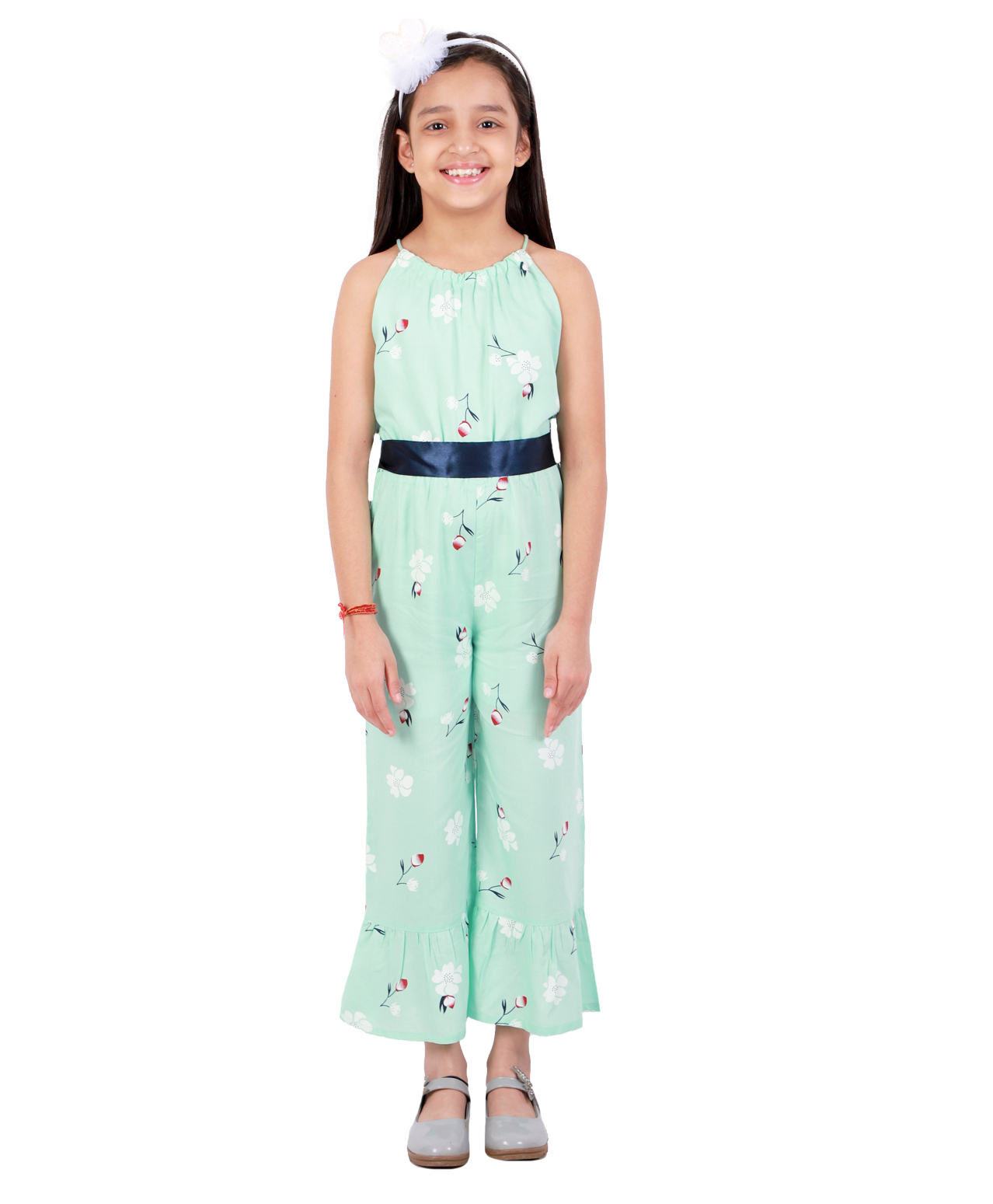 Kids Cave Sleeveless Floral Printed Jumpsuit With Waist Belt - Light Green-picture-15