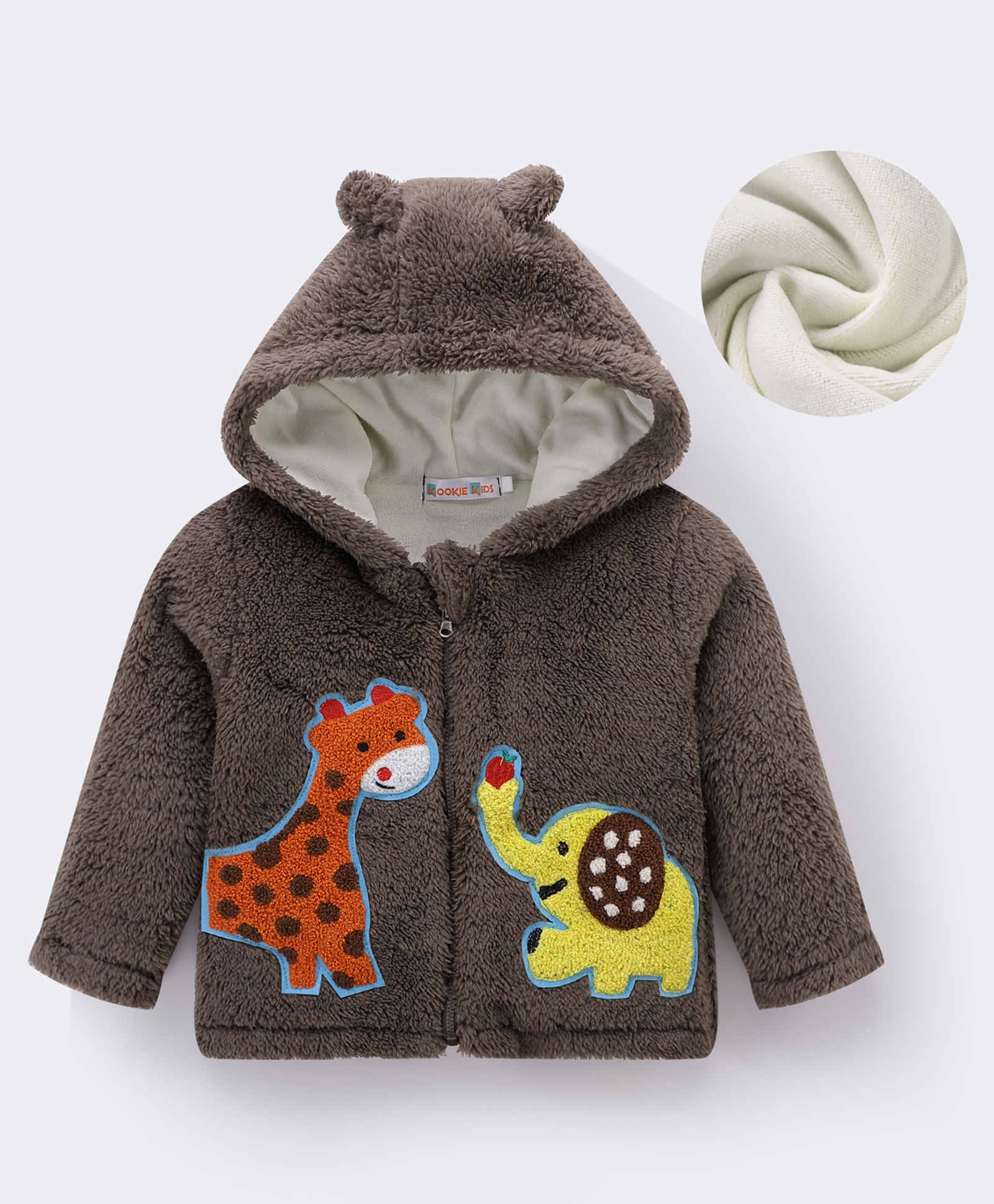 Kookie Kids Full Sleeves Hooded Winter Fur Jacket with Giraffe & Elephant Patch & 3D Applique - Grey-picture-25