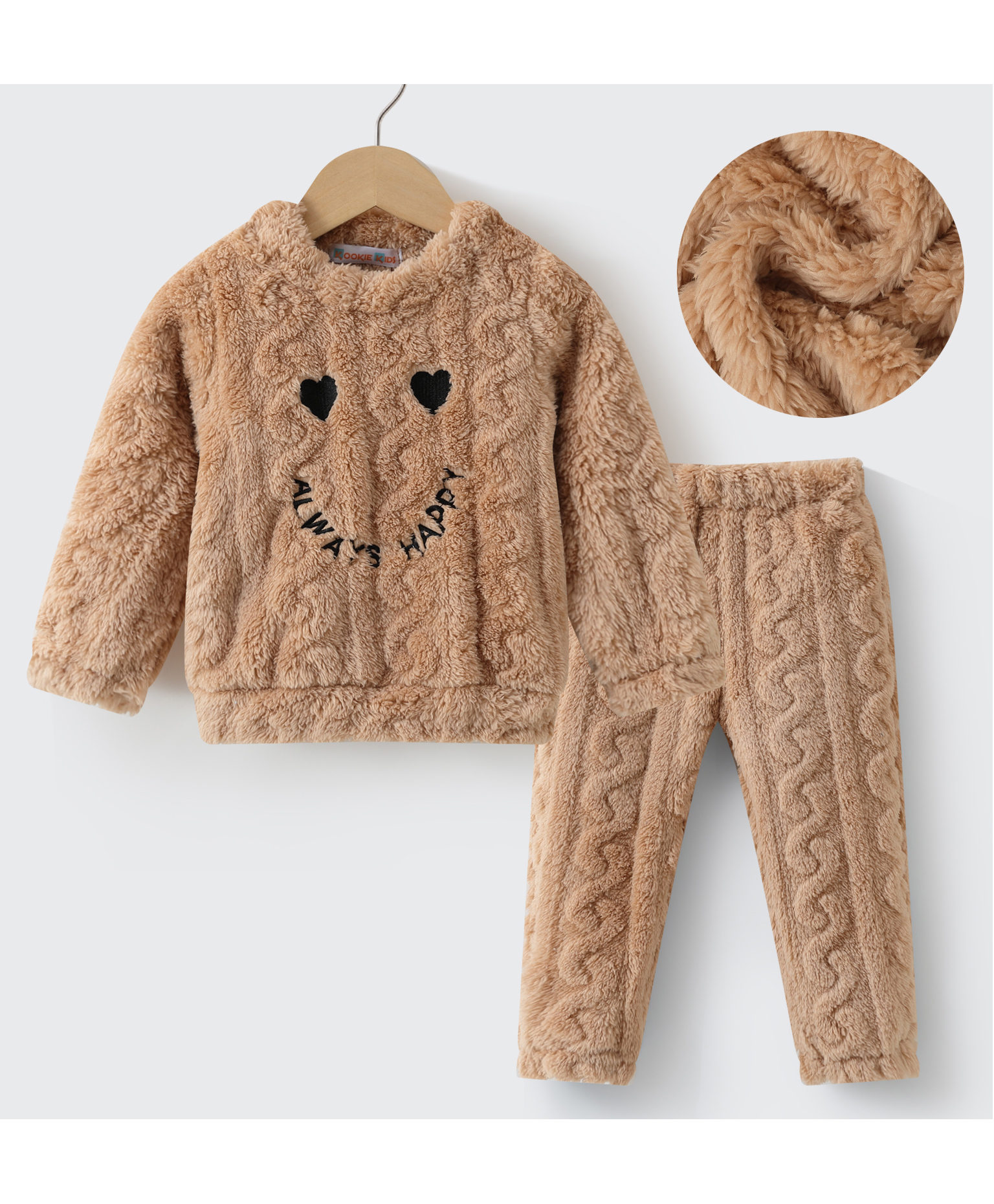 Kookie Kids Full Sleeves Winter Wear Night Suit With Heart Design - Brown-image-17