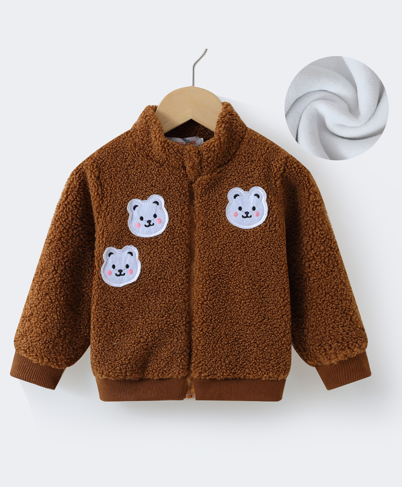 Kookie Kids Full Sleeves Winter Fur Jacket with Bear Patch - Brown-image-42