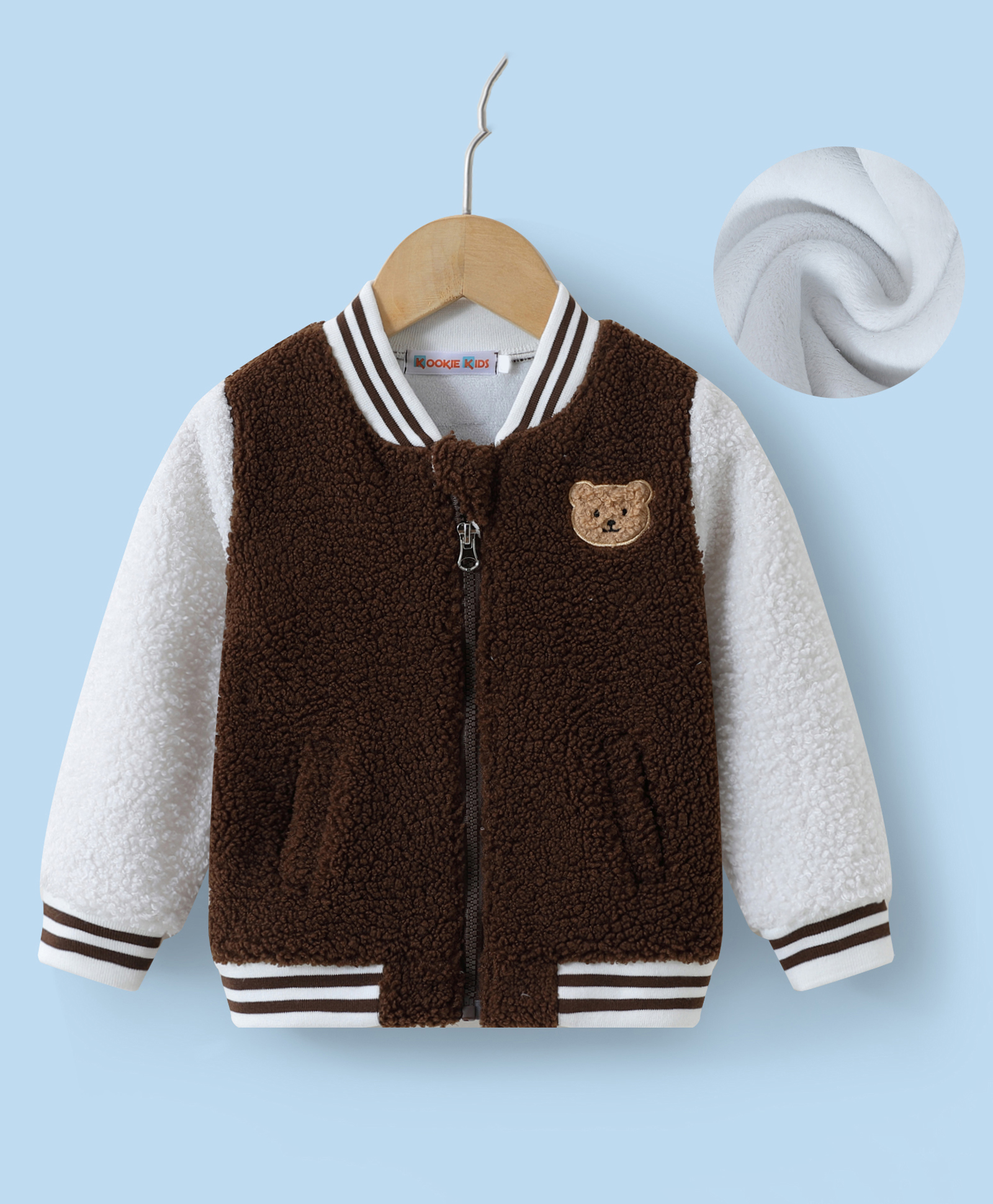 Kookie Kids Full Raglan Sleeves Fur Bomber Jacket with Bear Patch Detailing - Brown-picture-28