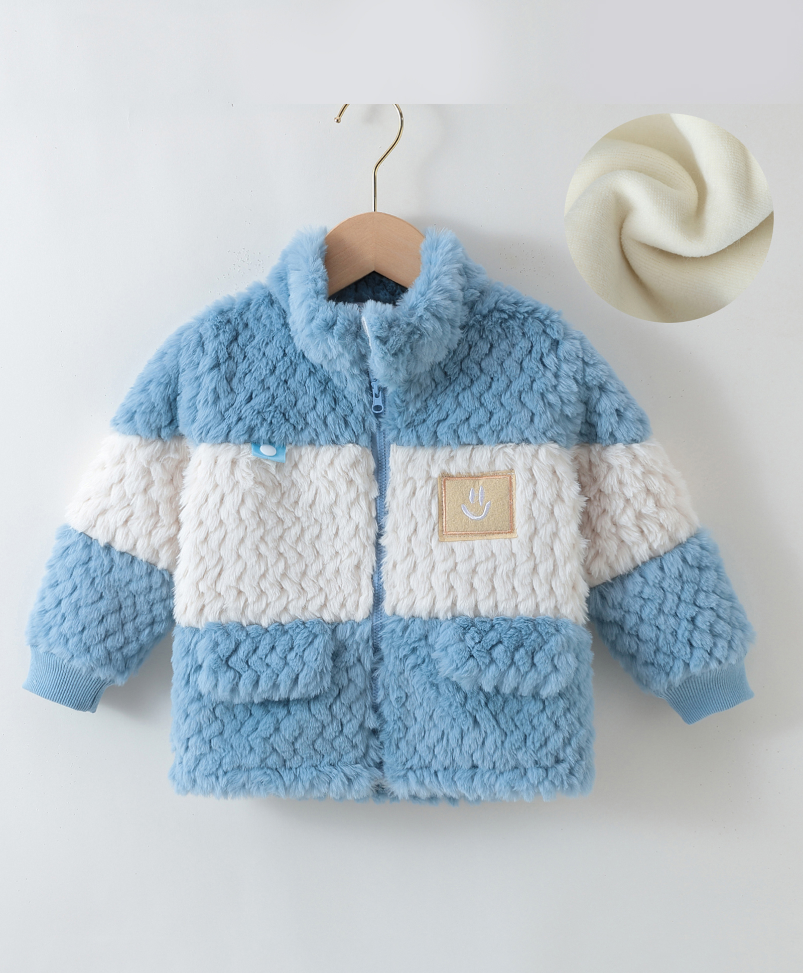 Kookie Kids Full Sleeves Winter Fur Jacket with Patch & Pockets - Light Blue-picture-19