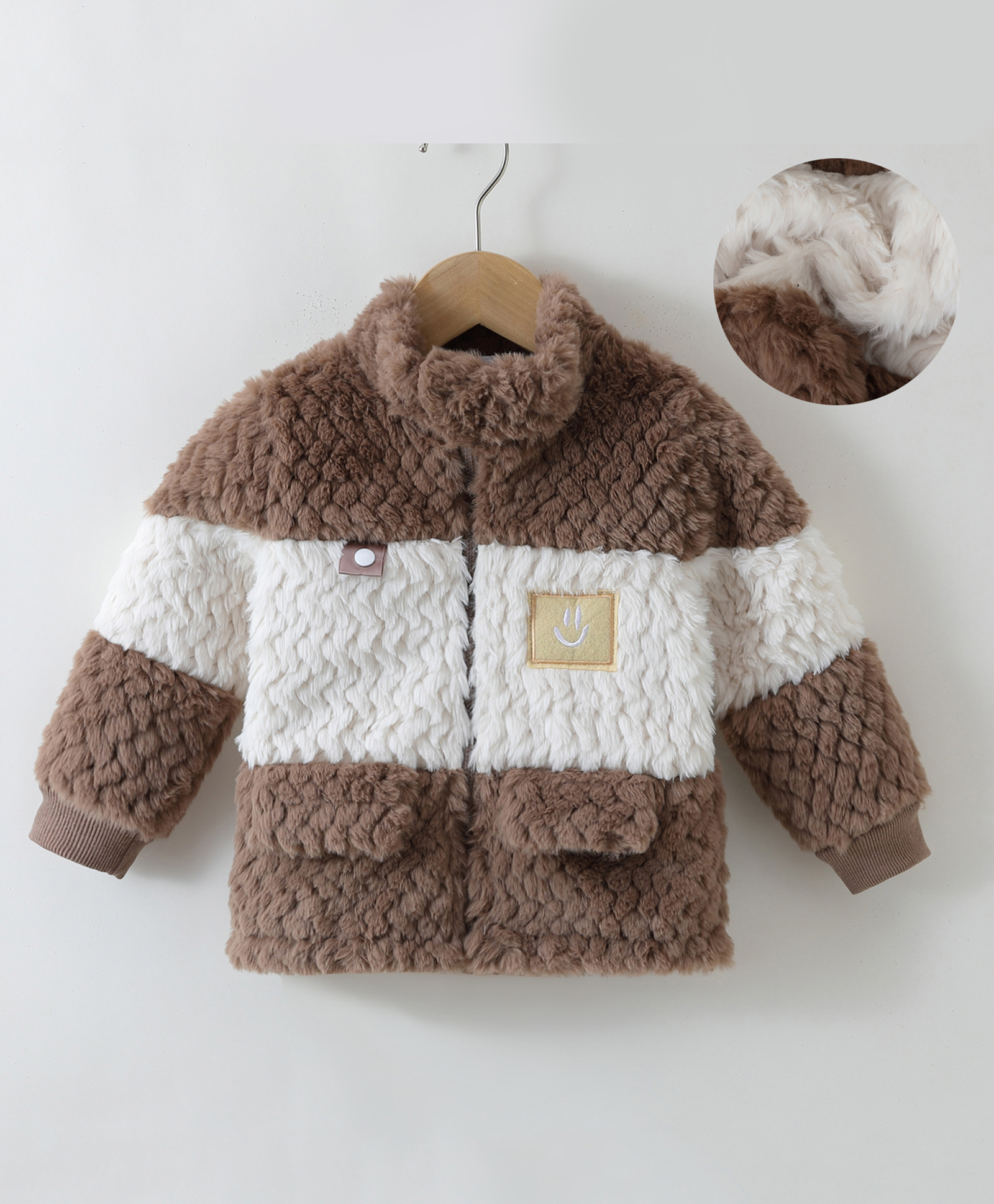 Kookie Kids Full Sleeves Winter Fur Jacket with Patch & Pockets - Brown-image-32
