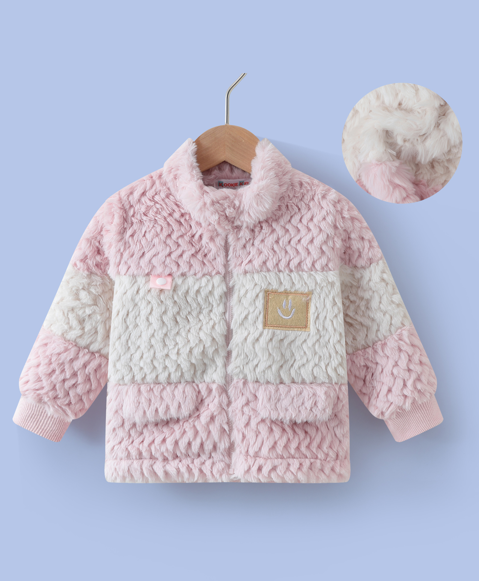 Kookie Kids Full Sleeves Winter Fur Jacket with Patch & Pockets - Pink-image-39