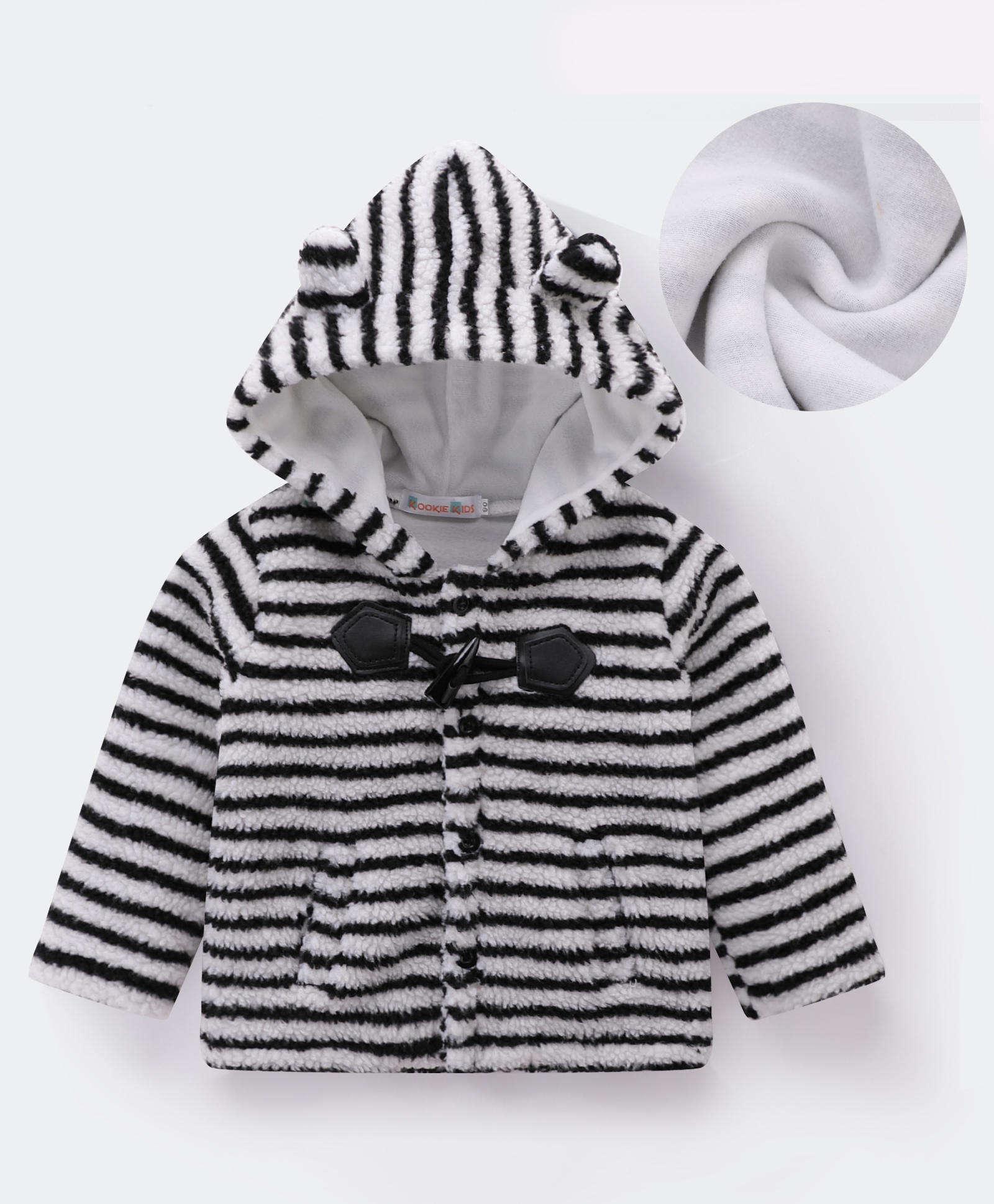 Kookie Kids Full Sleeves Hooded Winter Fur Striped Jacket with 3D Applique - Black-image-43