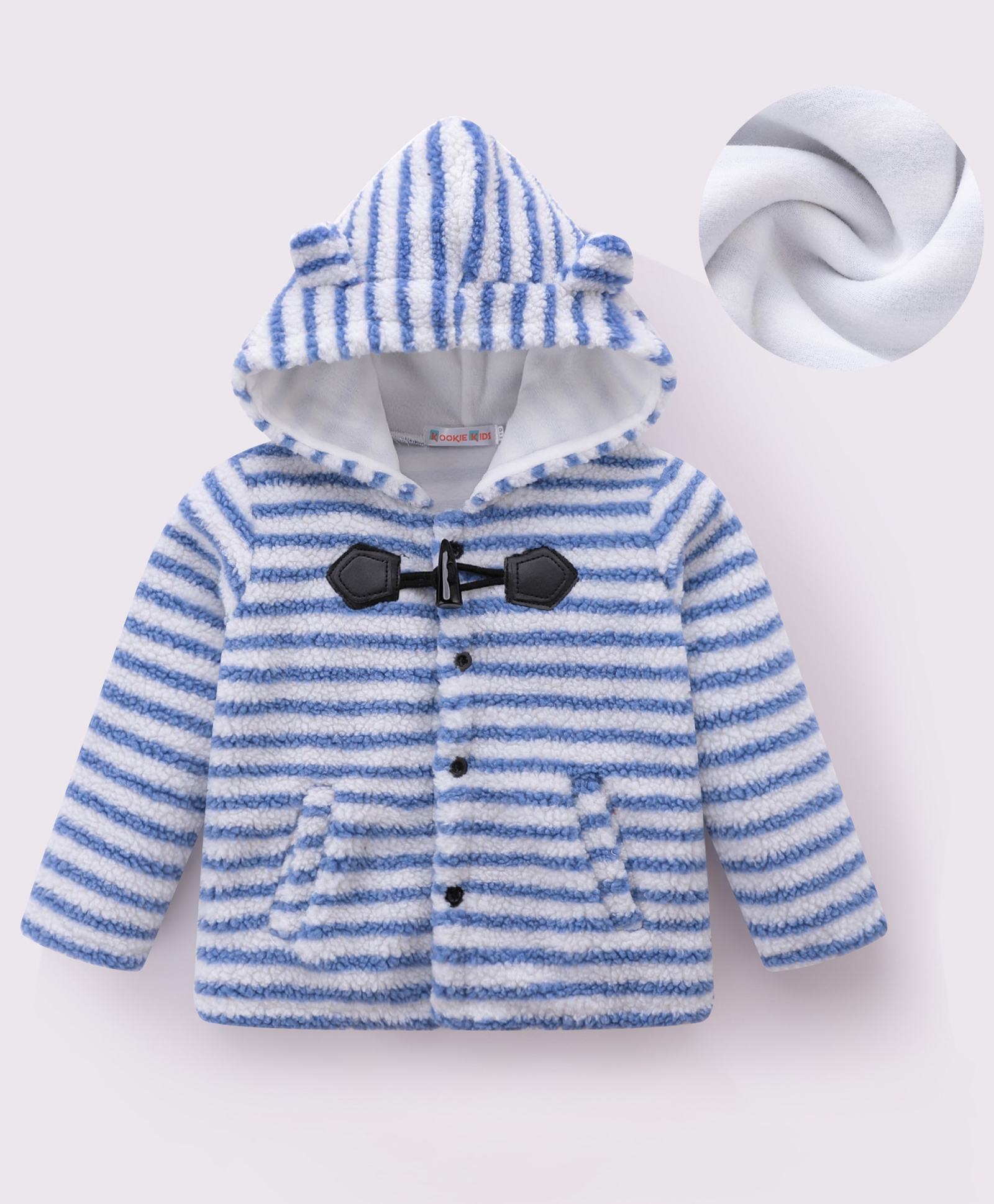 Kookie Kids Full Sleeves Hooded Winter Fur Striped Jacket with 3D Applique - Blue-image-45