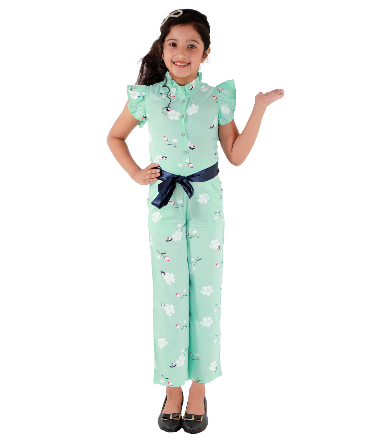 Kids Cave Sleeveless Frill Detailed Floral Printed Jumpsuit With Belt - Light Green-picture-10