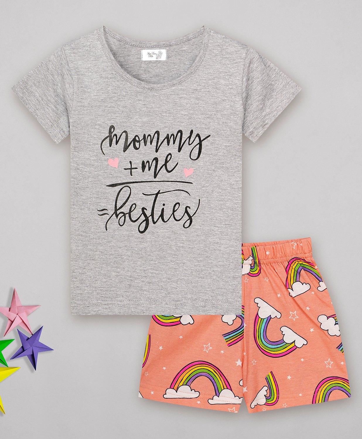 Sheer Love Cotton Jersey Knit Half Sleeves Rabbit & Rainbows Printed Tee With Shorts - Grey-image-10
