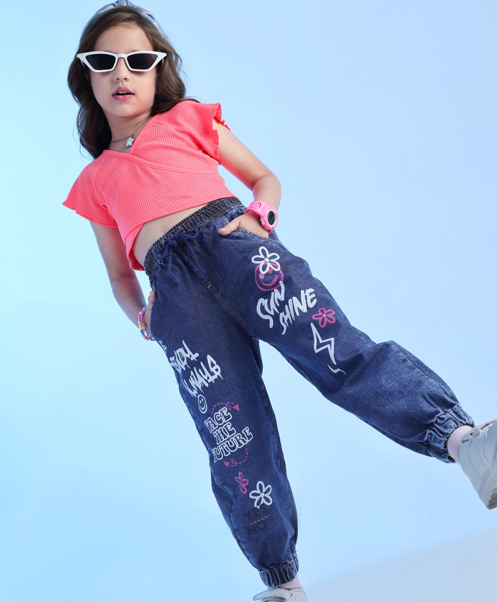 Ollington St. Cotton Rib Half Sleeves Top & Text Printed Denim Joggers - Neon Pink & Indigo-picture-27