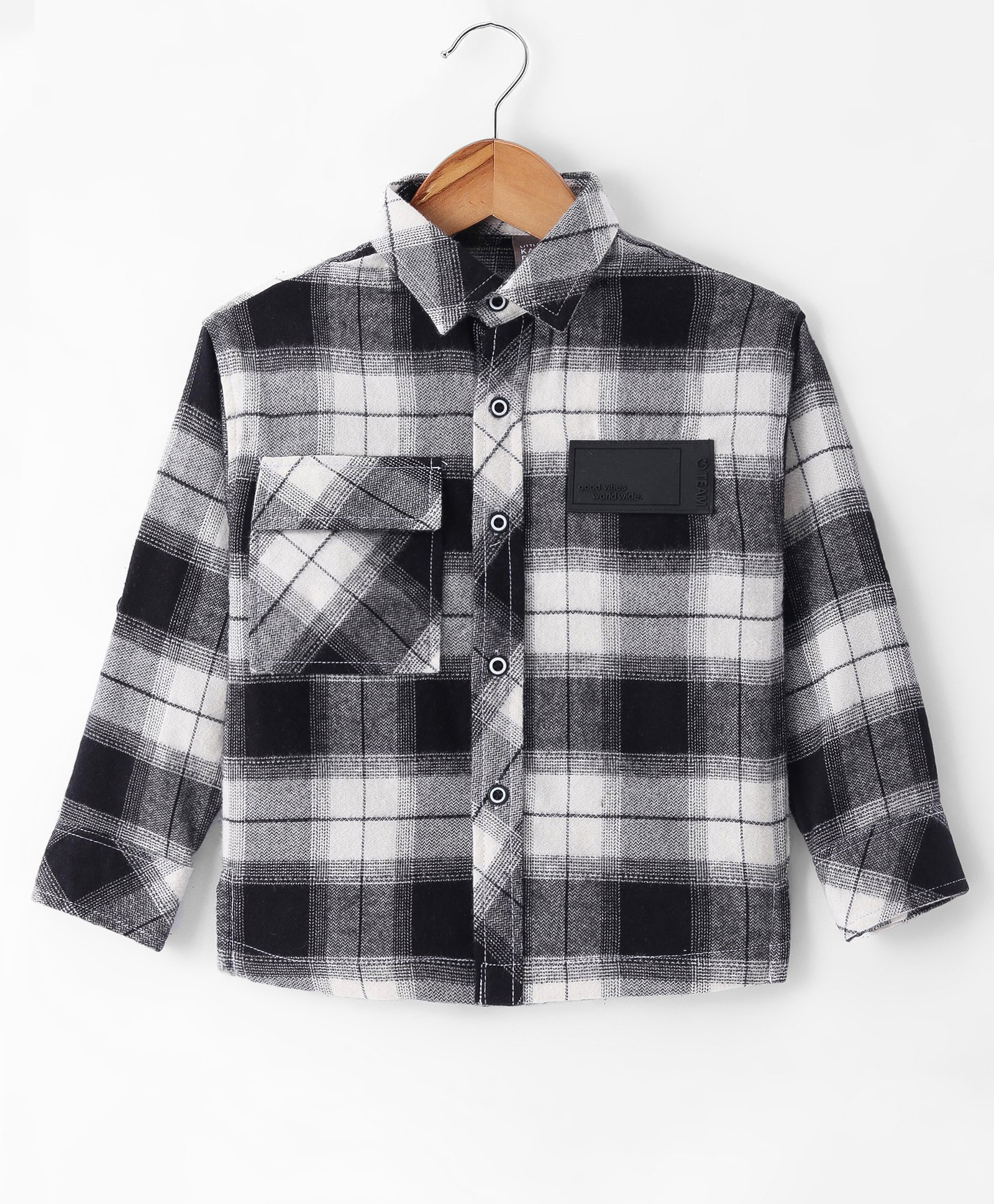 Little Kangaroos Cotton Knit Regular Collar Full Sleeves Checkered Shirt with Pocket Detailing - Black-image-23