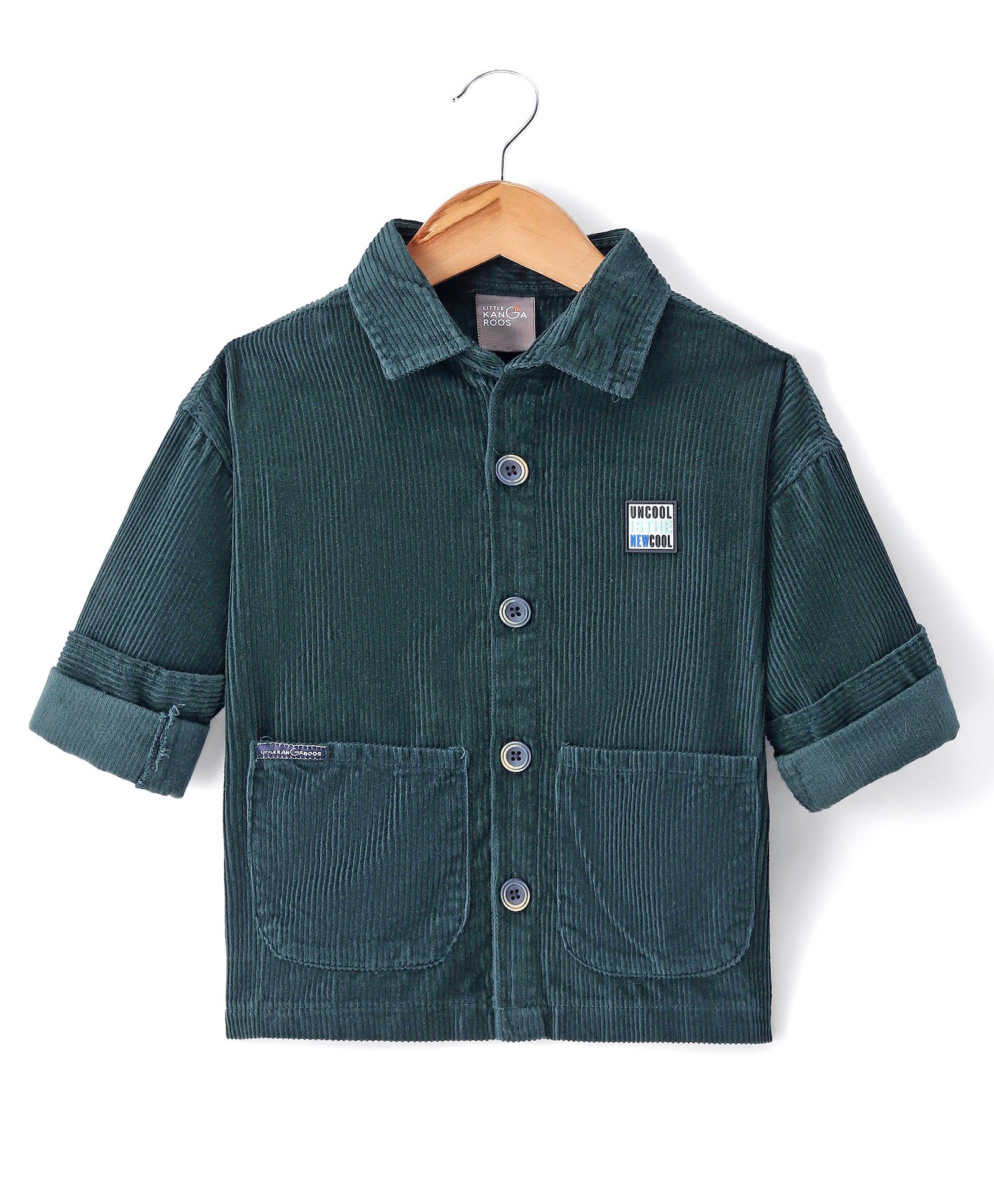 Little Kangaroos Courdroy Full Sleeves Solid Colour Shirt - Olive Green-picture-17