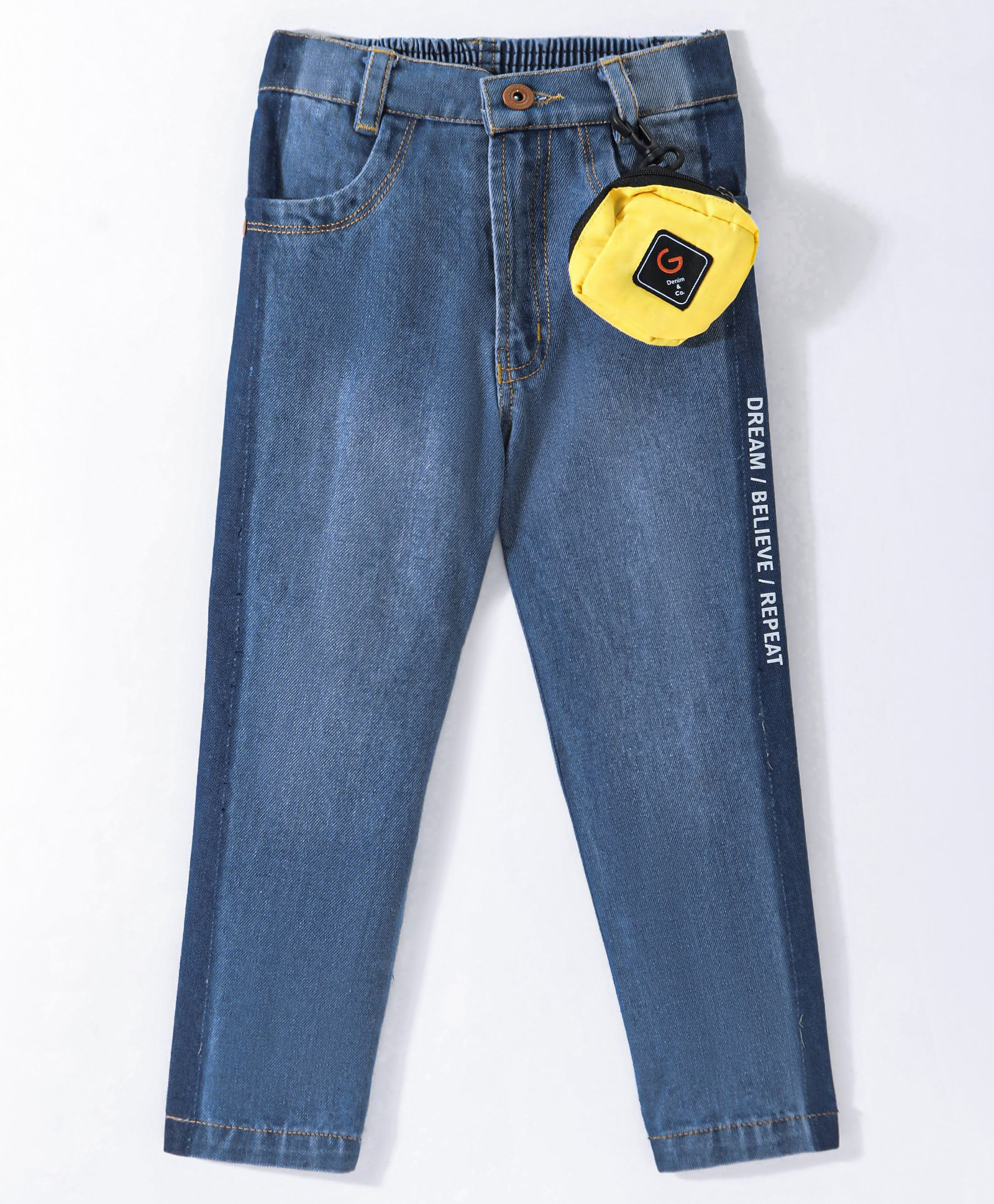Little Kangaroos  Full Length Denim Jeans with Pouch Bag & Text Print -Dark Blue-picture-14