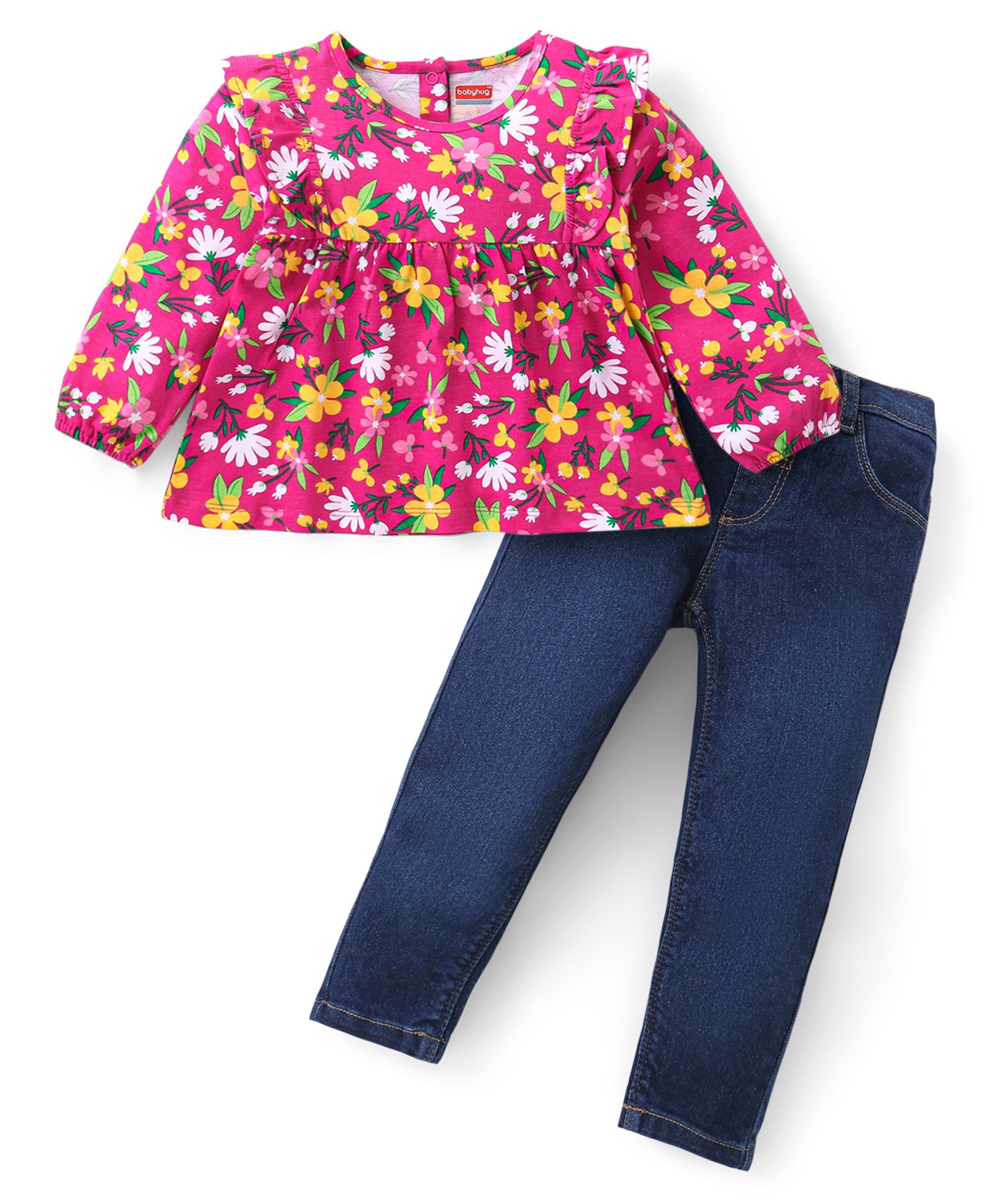 Babyhug Cotton Knit Full Sleeves Frill Detailed Top & Denim Pants Set With Floral Print - Multicolor-picture-20