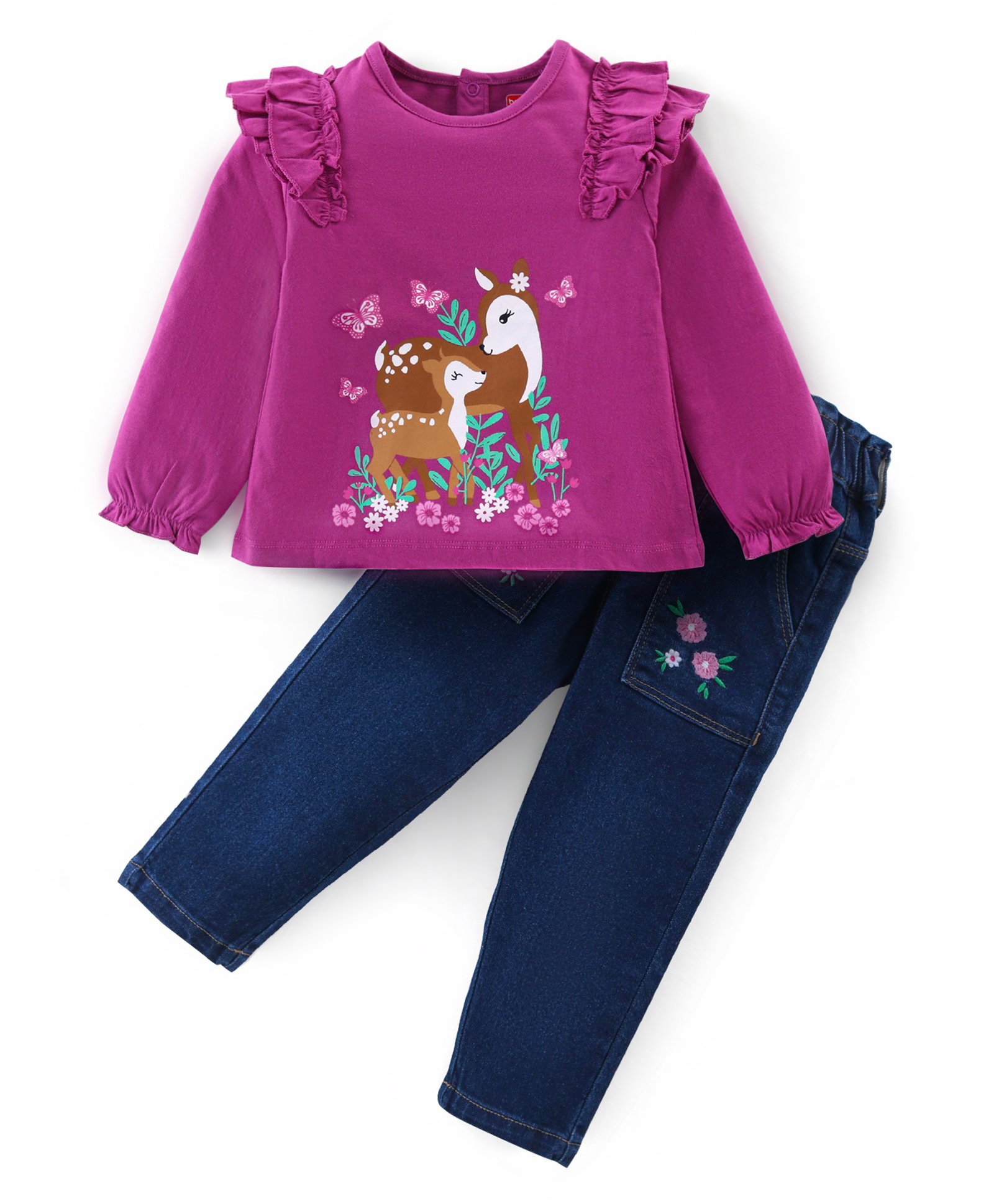 Babyhug Cotton Knit Full Sleeves Top & Denim Jeans Set With Deer Print - Purple-picture-17