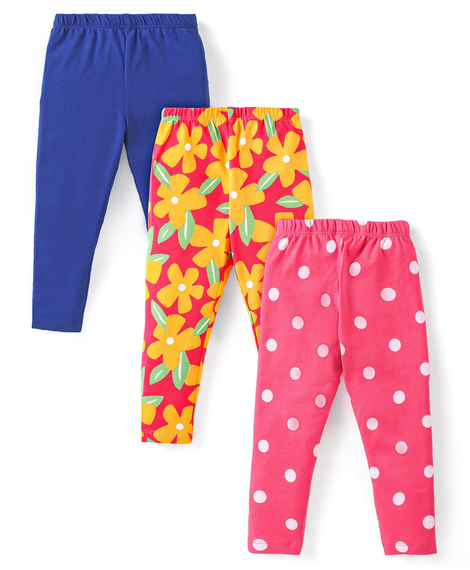 Babyhug Cotton Lycra Full Length Leggings Floral & Polka Dot Print Pack of 3 - Navy Pink & Red-picture-19