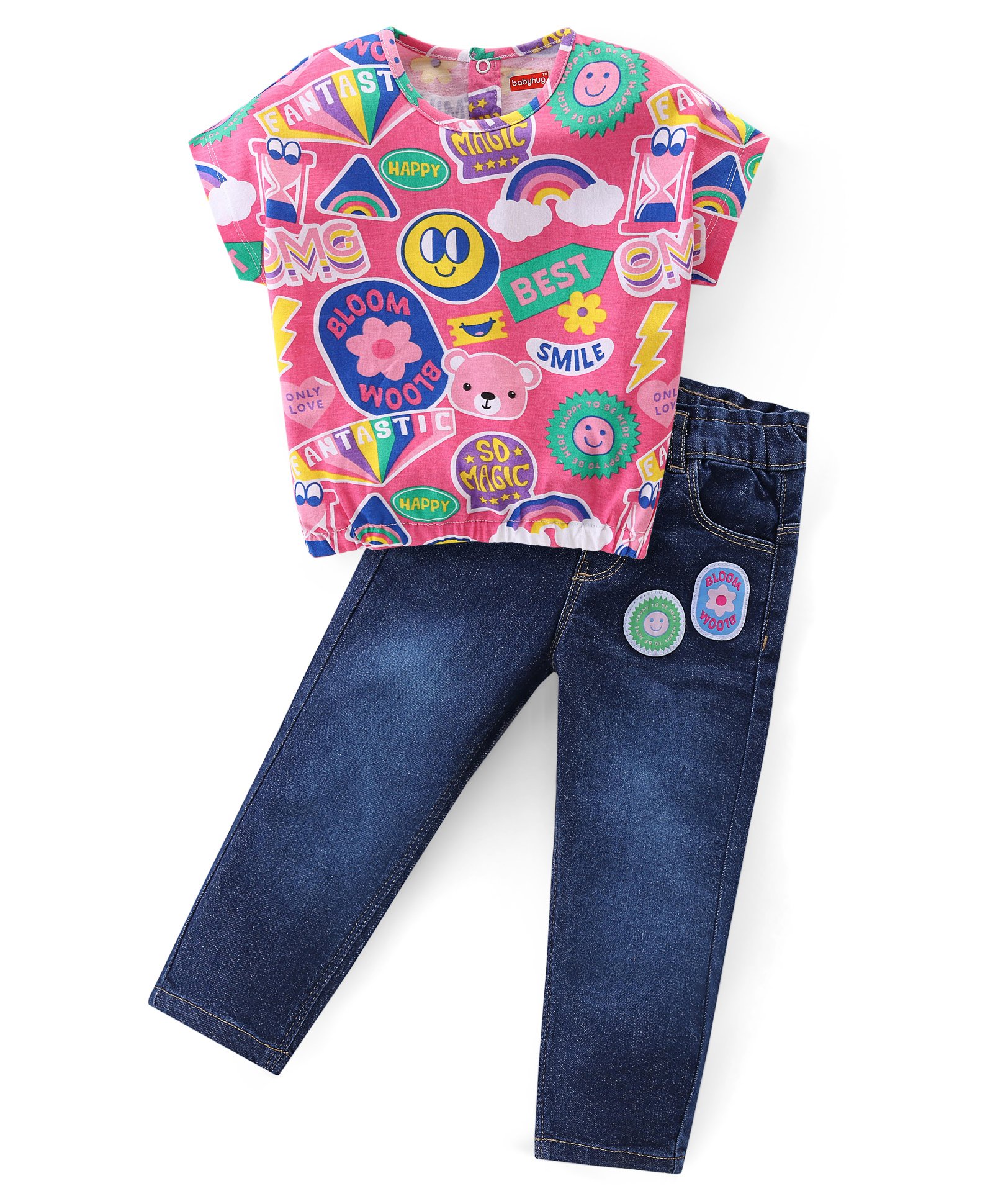 Babyhug Cotton Knit Half Sleeves Text Printed Top & Denim Jeans Set - Multicolor-image-24