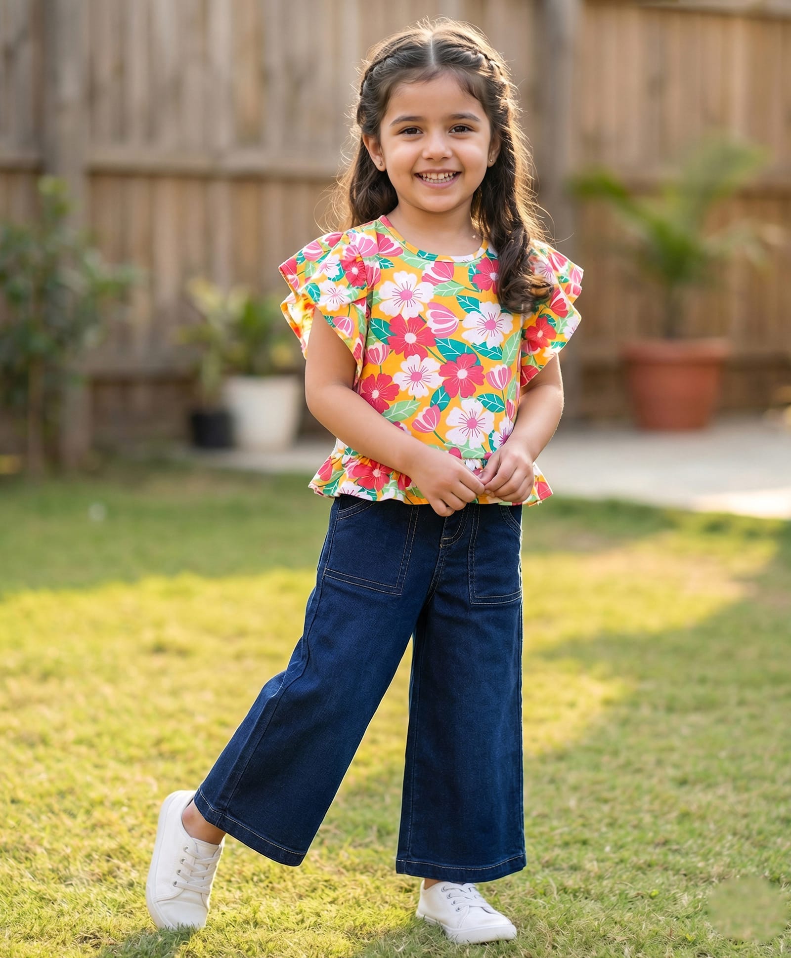 Babyhug Cotton Knit Flutter Sleeves Floral Printed Top & Wide Leg Denim Jeans Set - Multicolor-image-31