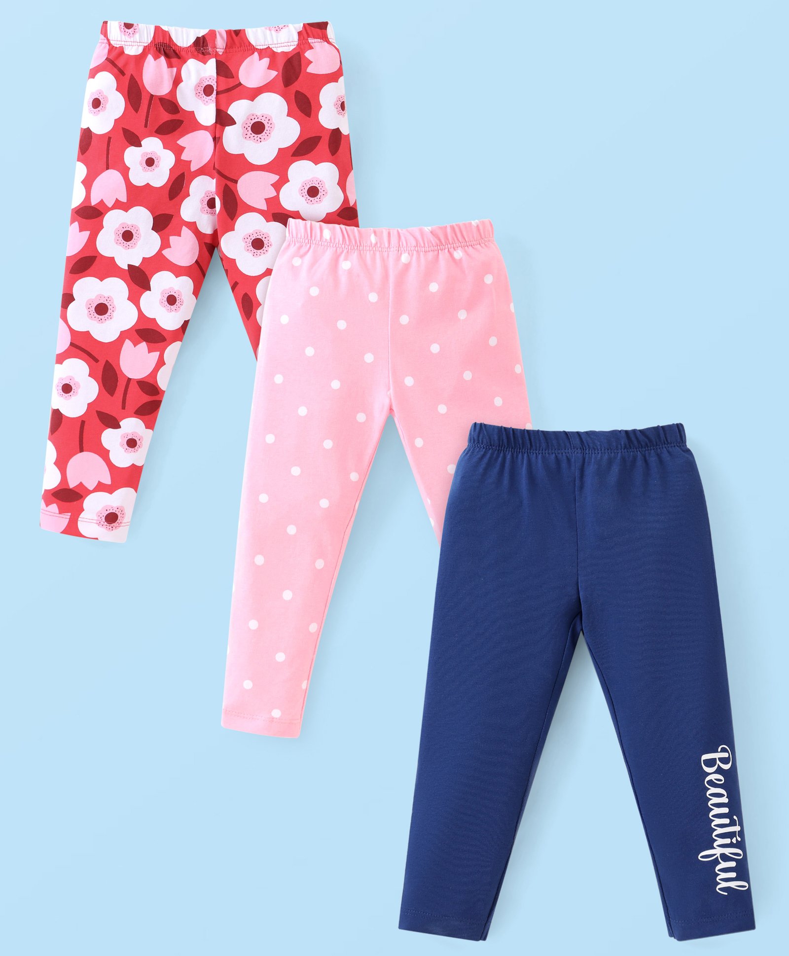 Babyhug Cotton Lycra Full Length Leggings With Floral & Polka Dots  Print Pack Of 3 - Navy Blue Red  & Pink-picture-37
