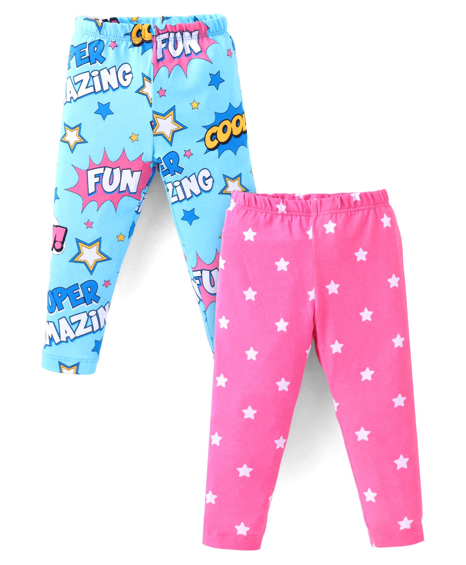 Babyhug Cotton Lycra Leggings With Stars & Text Print Pack Of 2 - Light Blue & Pink-image-1