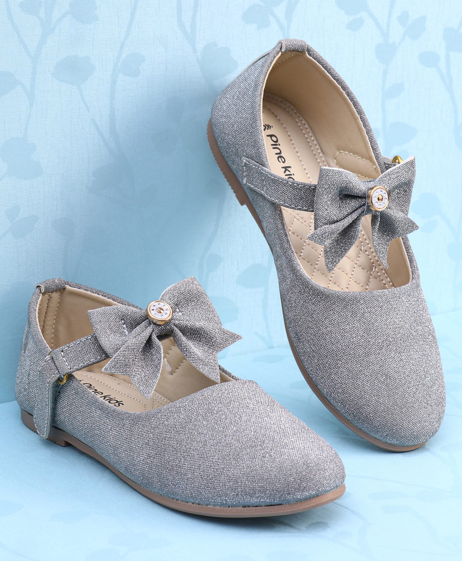 Pine Kids Ballerinas with Velcro Closure & Bow Applique - Silver-image-42