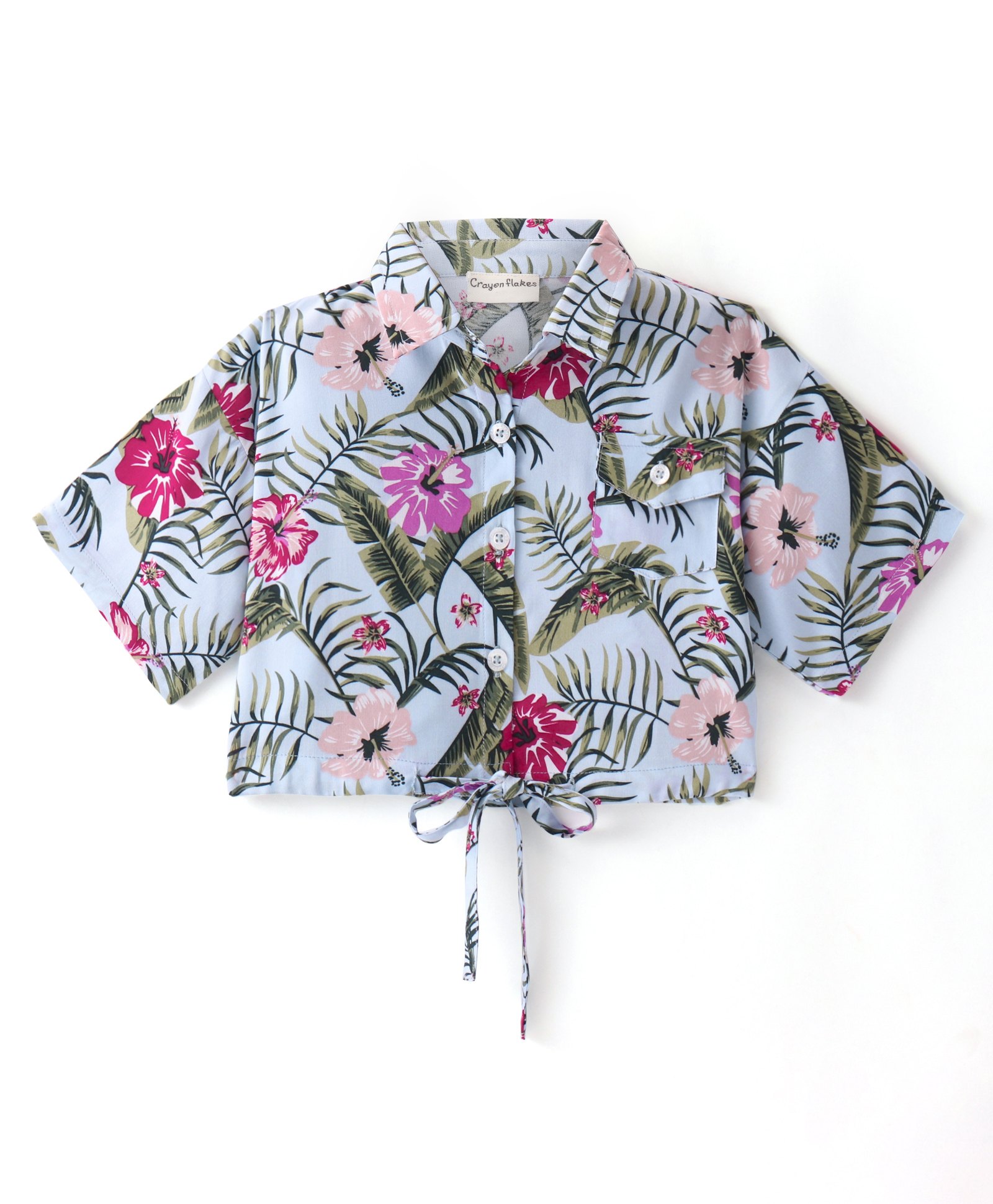 CrayonFlakes Half Sleeves Floral & Leaves Printed Knotted Crop Top - Blue-image-20