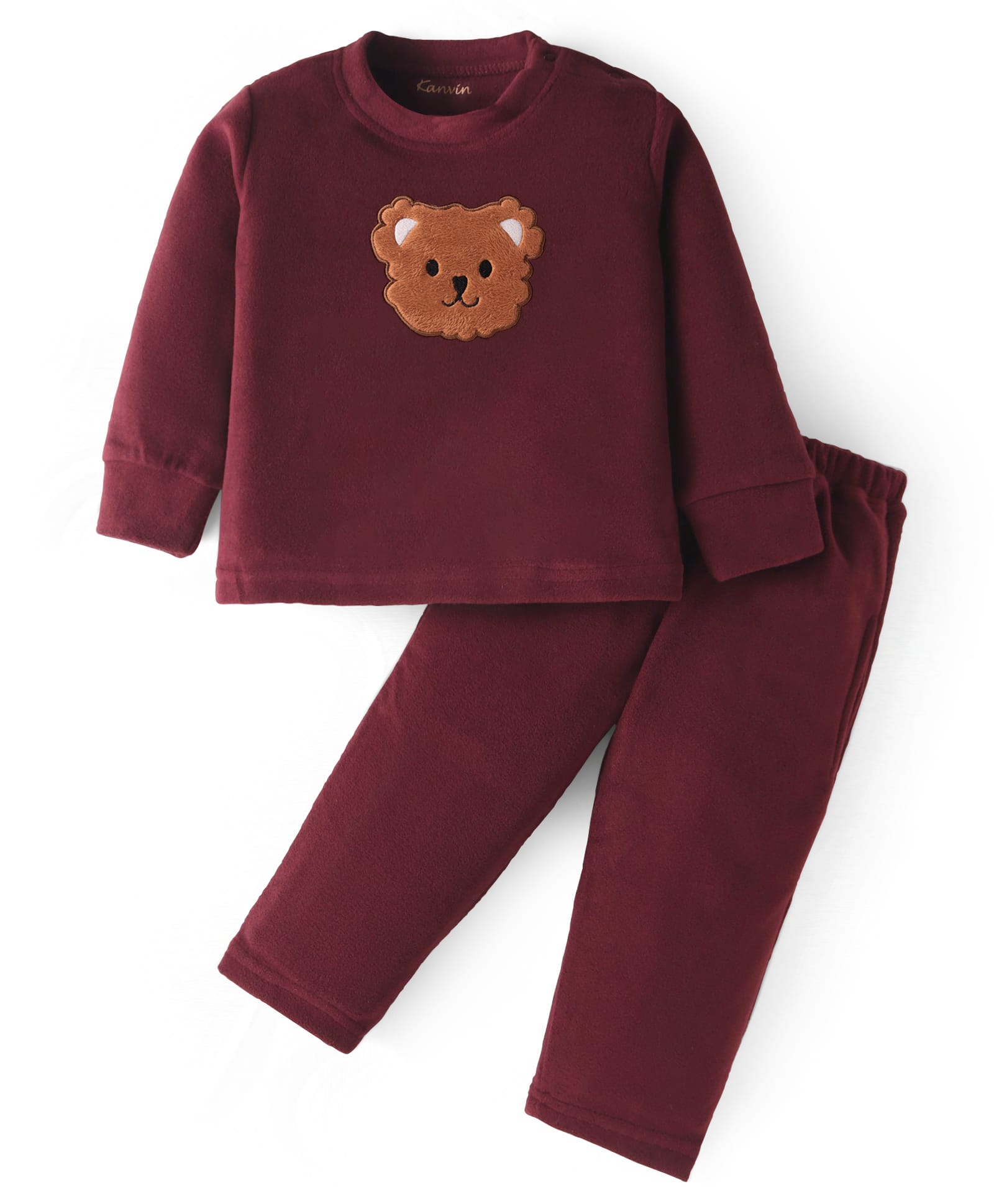 Kanvin Fleece Woven Full Sleeves Winter Wear Set With Bear Patch - Maroon-picture-13