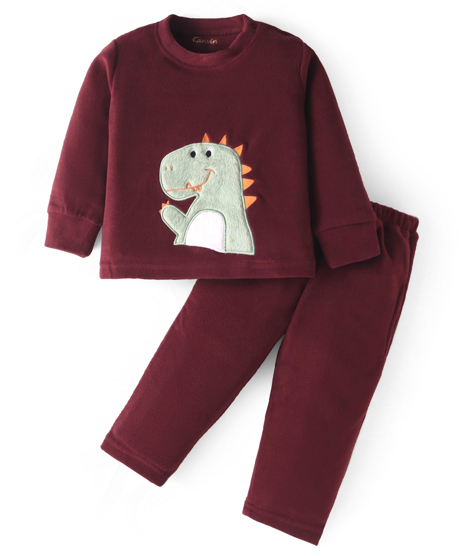 Kanvin Fleece Woven Full Sleeves Winter Wear Set With Dino Patch - Maroon-picture-22