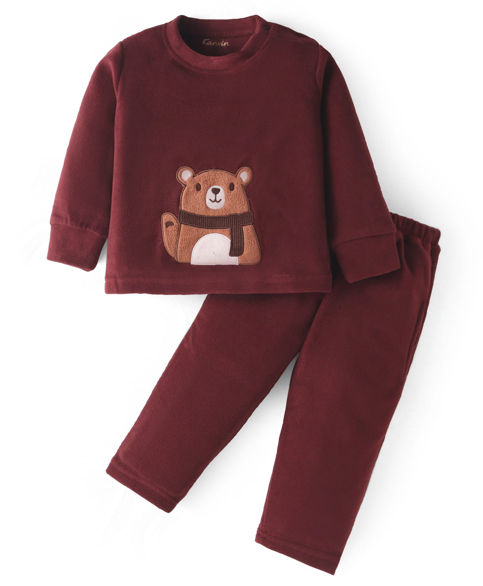Kanvin Fleece Woven Full Sleeves Winter Wear Set With Bear Patch - Maroon-picture-20