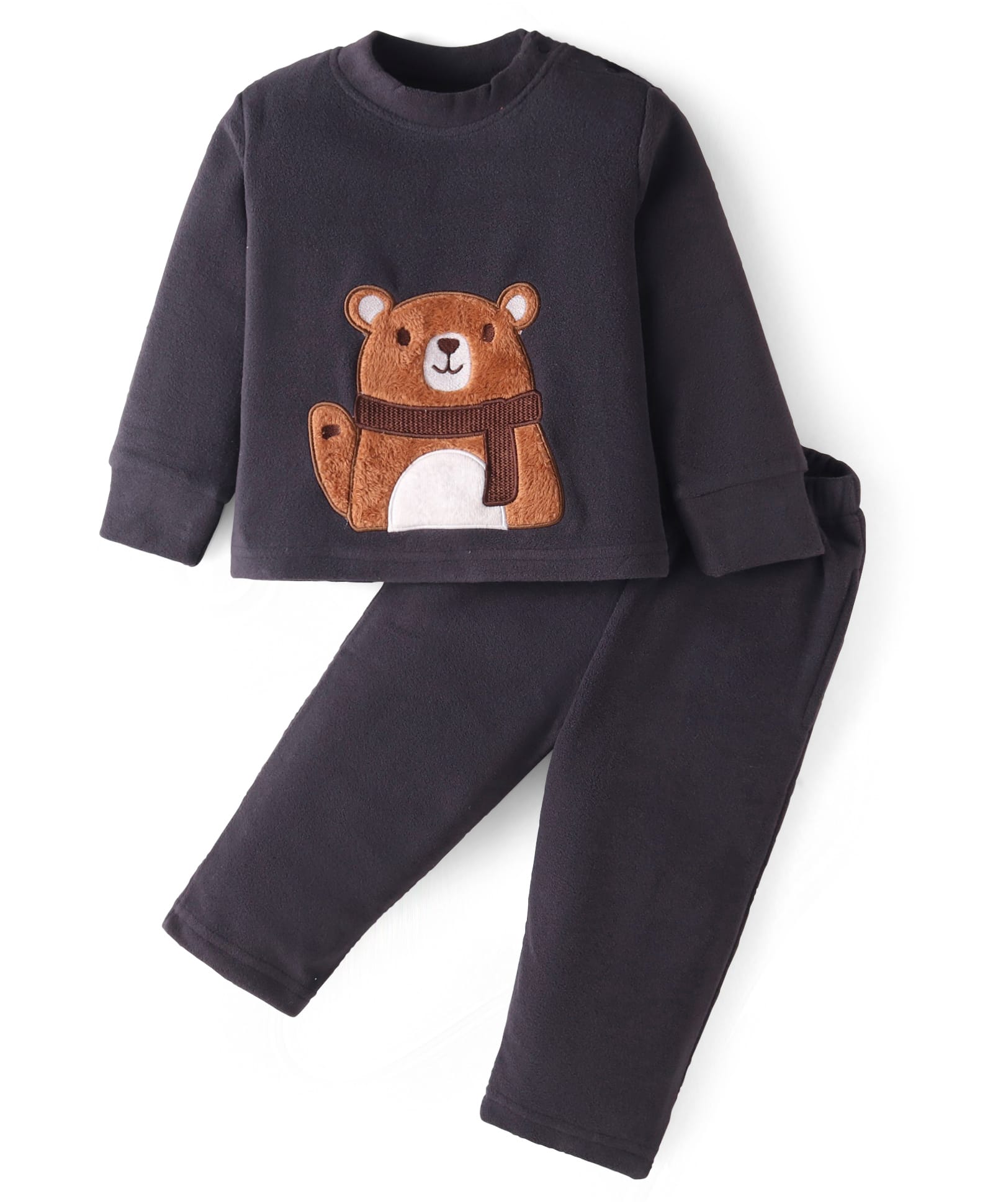 Kanvin Fleece Woven Full Sleeves Winter Wear Set With Bear Patch - Charcoal Grey-image-40