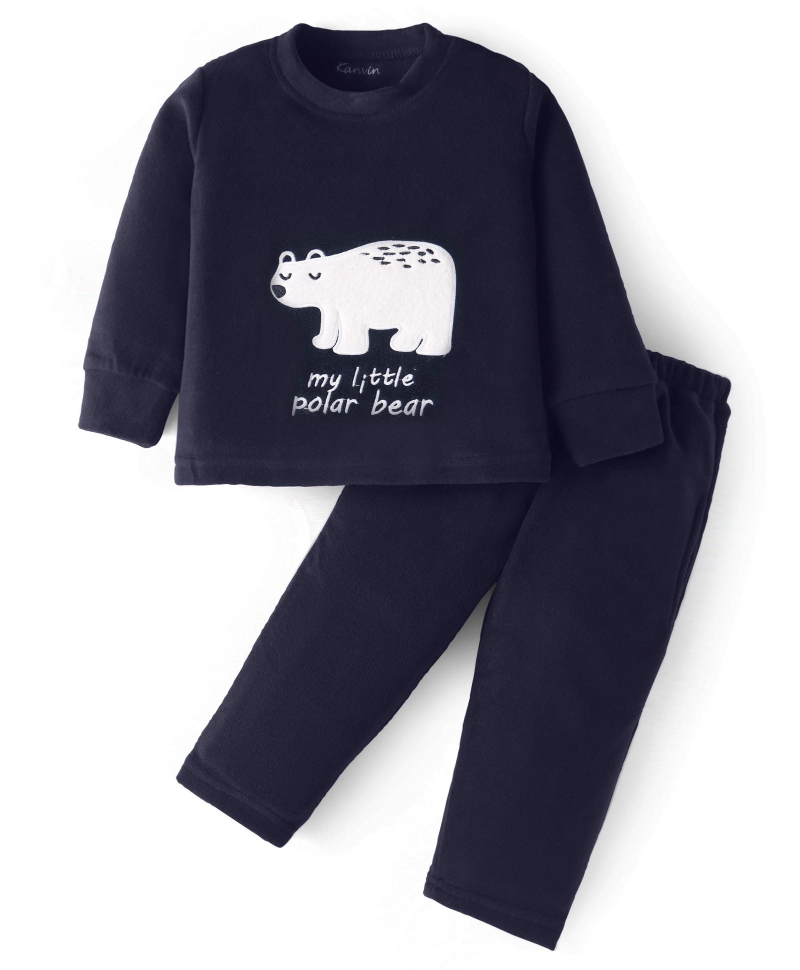 Kanvin Fleece Woven Full Sleeves Winter Wear Set With Polar Bear Patch - Navy Blue-picture-27