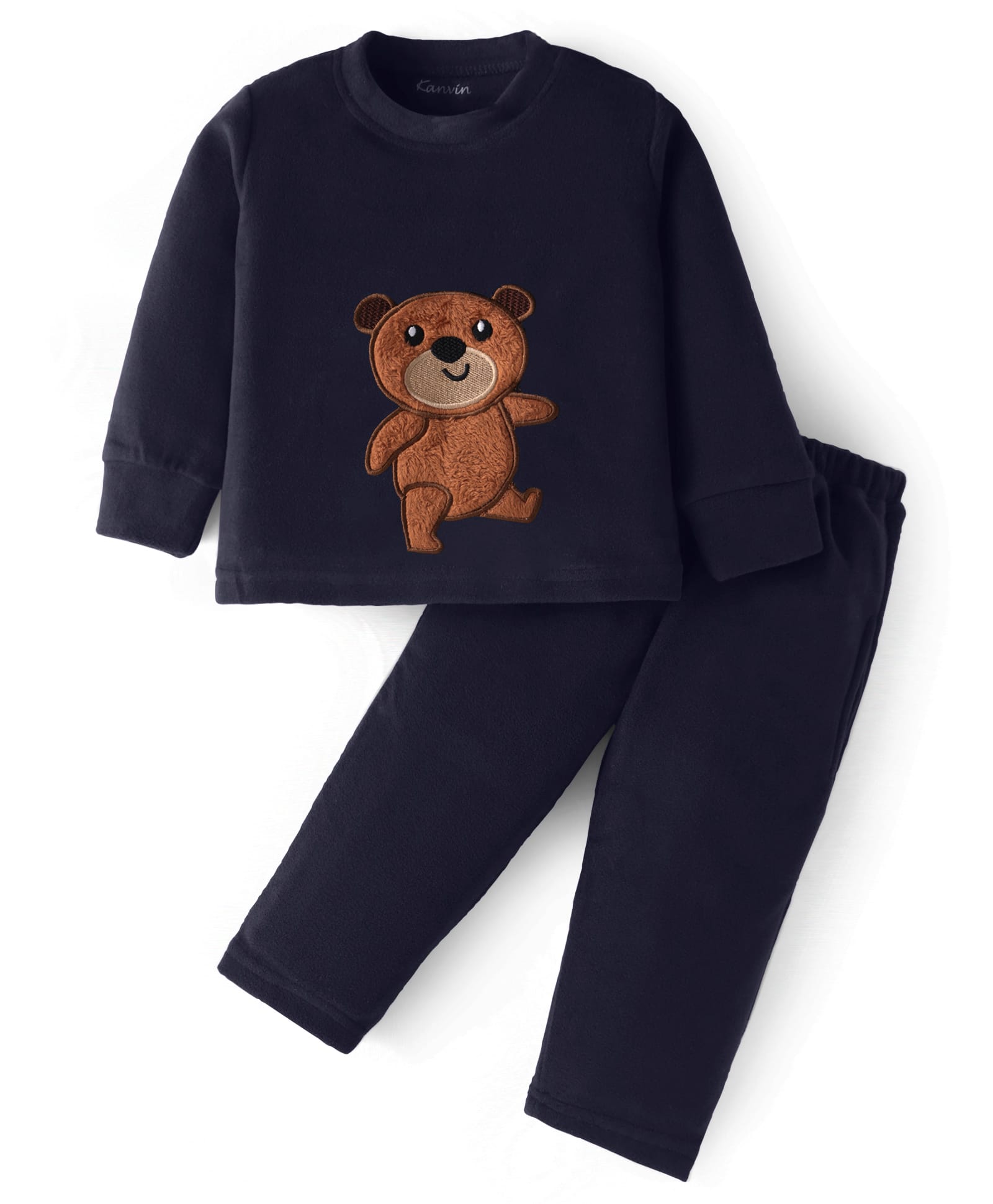 Kanvin Fleece Woven Full Sleeves Winter Wear Set With BearPatch - Navy Blue-picture-35