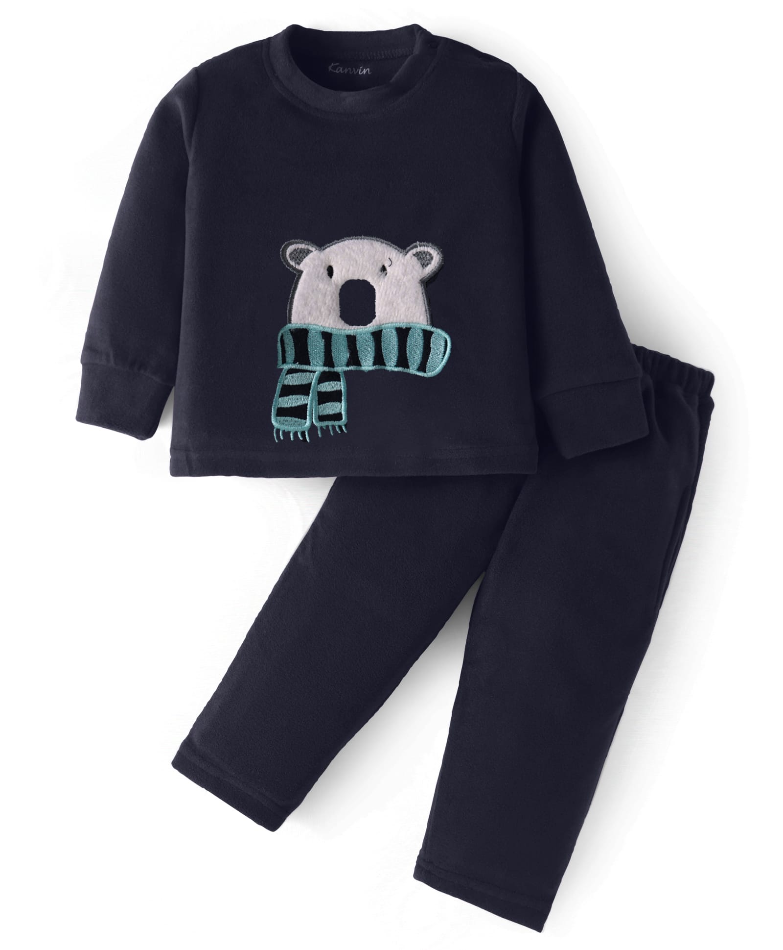 Kanvin Fleece Woven Full Sleeves Winter Wear T-Shirt & Lounge Pant Set With Polar Bear Patch - Black-picture-30