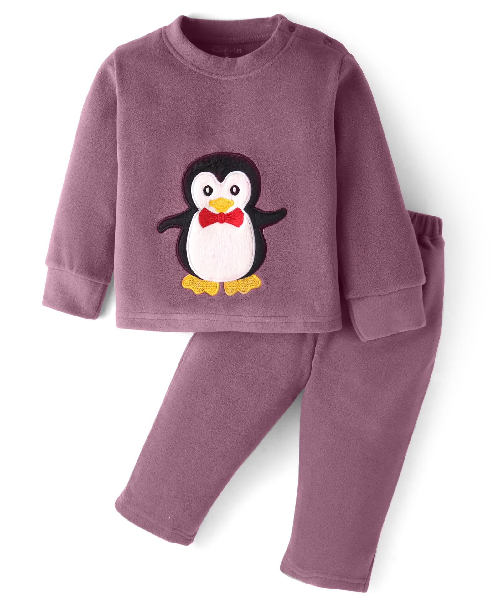 Kanvin Fleece Woven Full Sleeves Winter Wear Set With Penguin Patch - Mauve-picture-26
