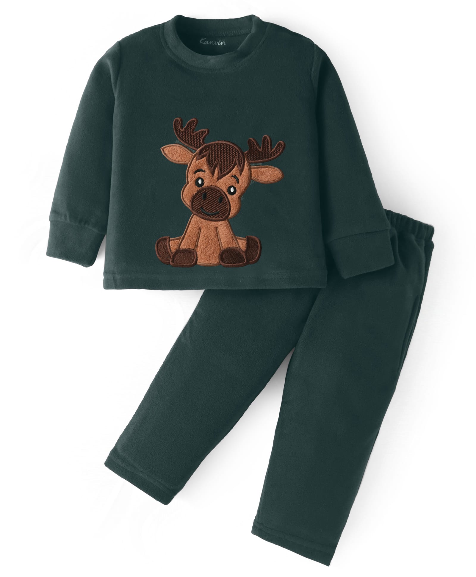 Kanvin Fleece Woven Full Sleeves Winter Wear Set With Reindeer Patch - Dark Green-picture-14