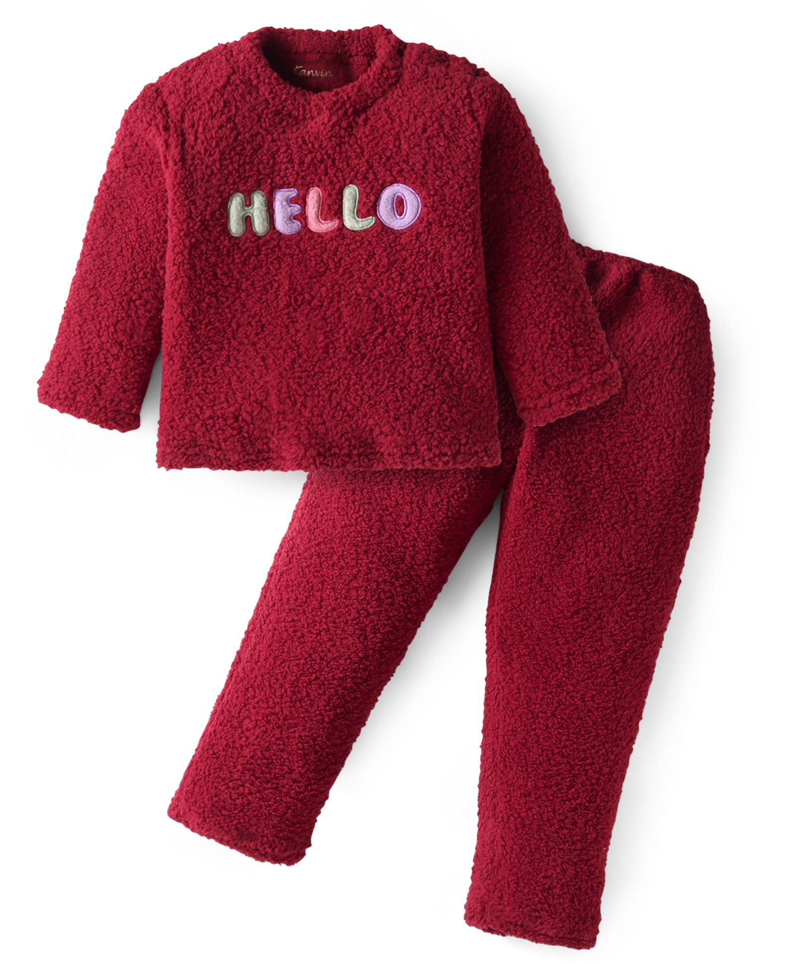 Kanvin Fleece Woven Full Sleeves Winter Wear Set With Text Patch - Dark Red-image-7