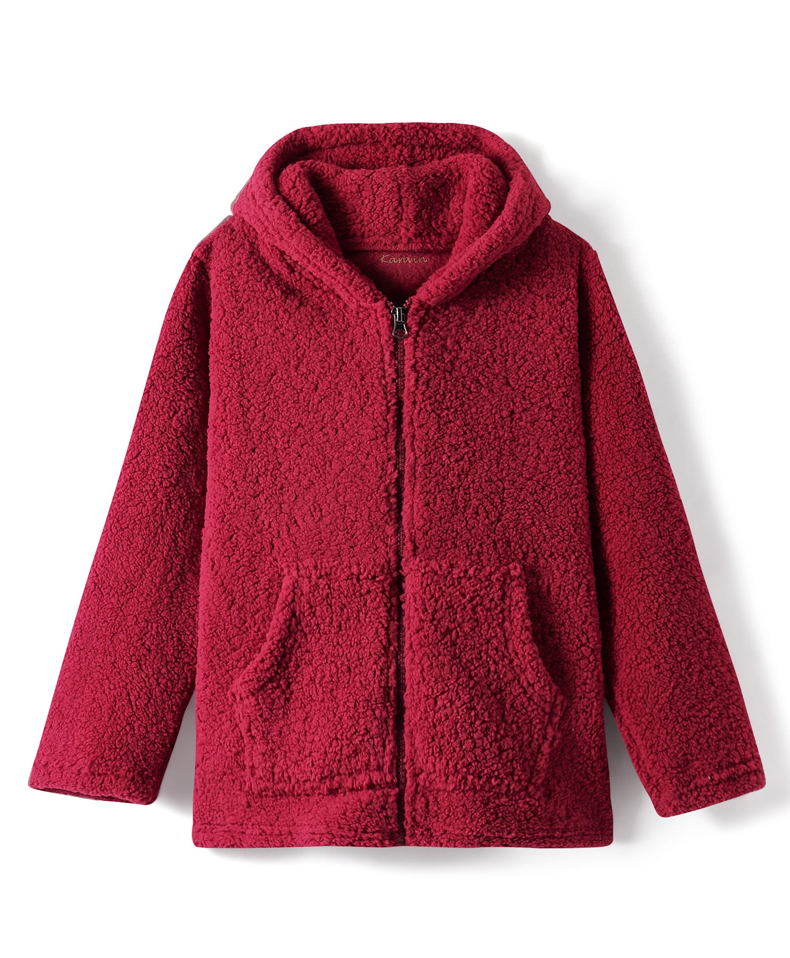 Kanvin Fleece Woven Full Sleeves Solid Colour Hooded Winter Jacket With Kangaroo Pockets - Red-picture-10