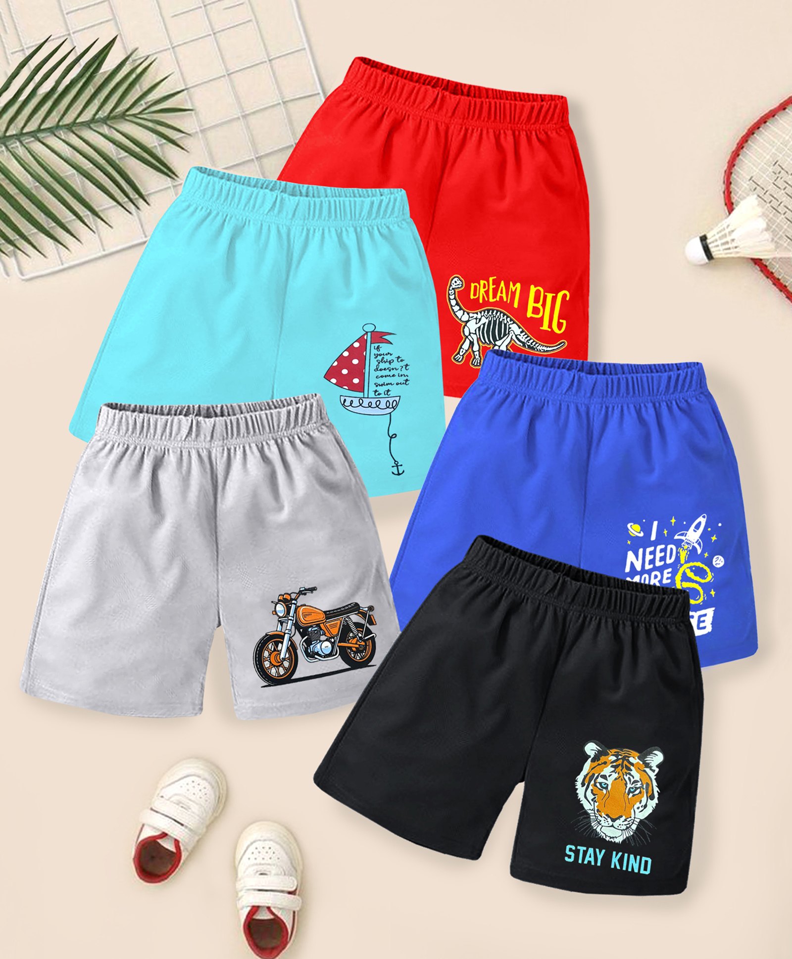 KUCHIPOO Pack Of 5 Bike & Tiger Printed Shorts - Multi Colour-picture-26