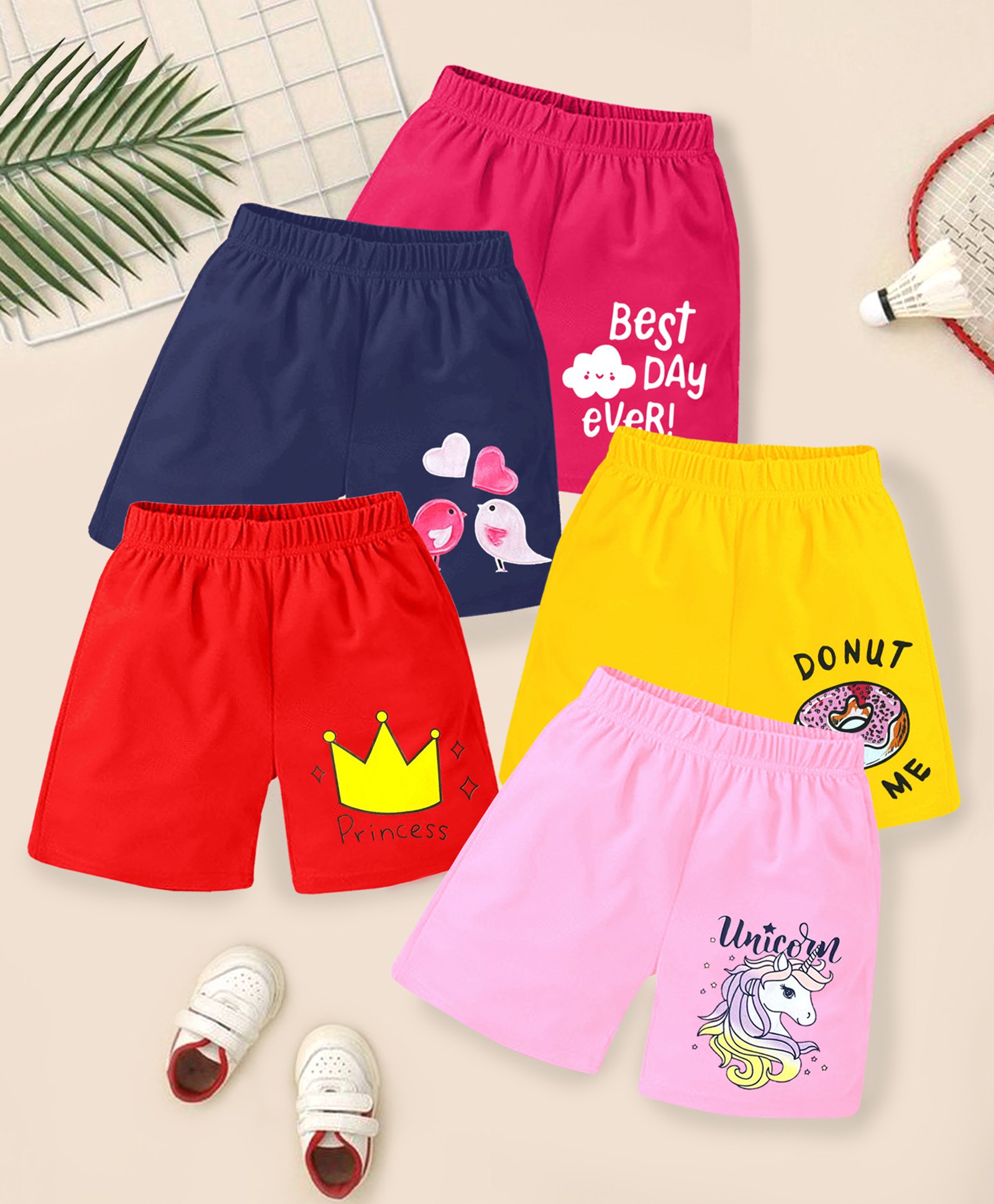 KUCHIPOO Pack of 5 Unicorn & Text Printed Shorts - Multi Colour-image-12