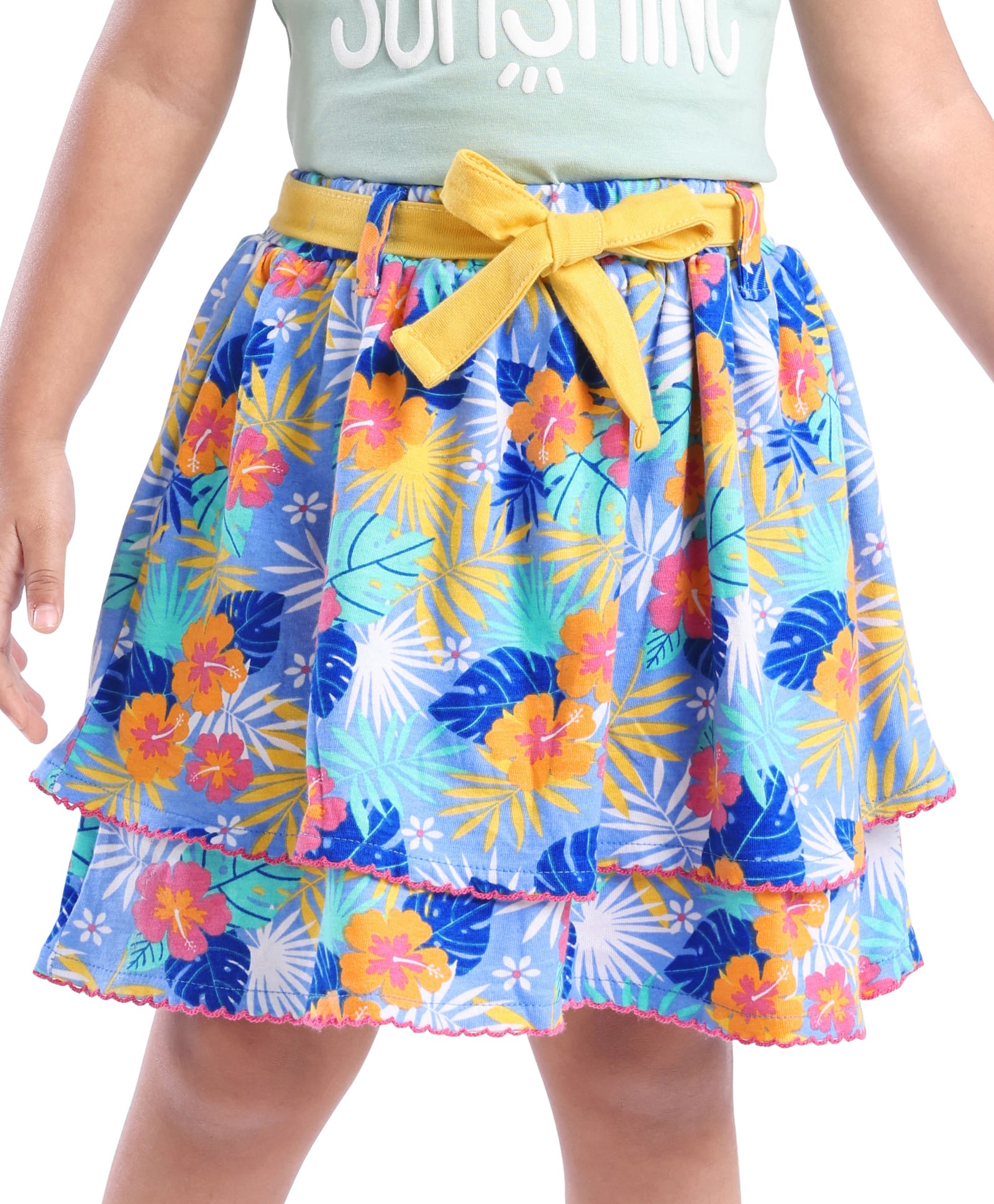 Babyhug Single Jersey Knit Knee Length Layered Floral Printed Skirt - Multicolor-picture-18