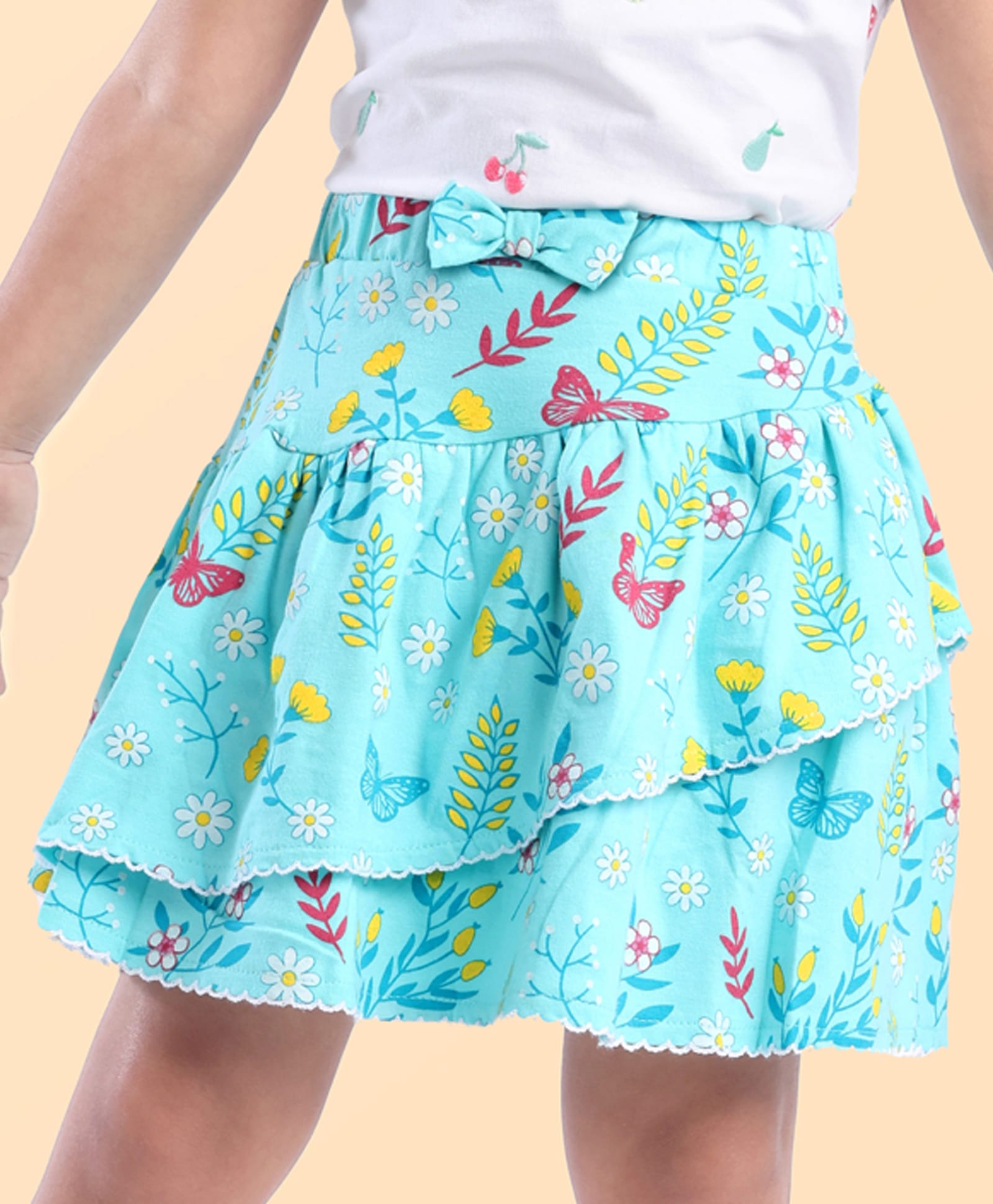 Babyhug Single Jersey Knit Knee Length Skirt Floral Print with Bow Applique - Blue-image-31