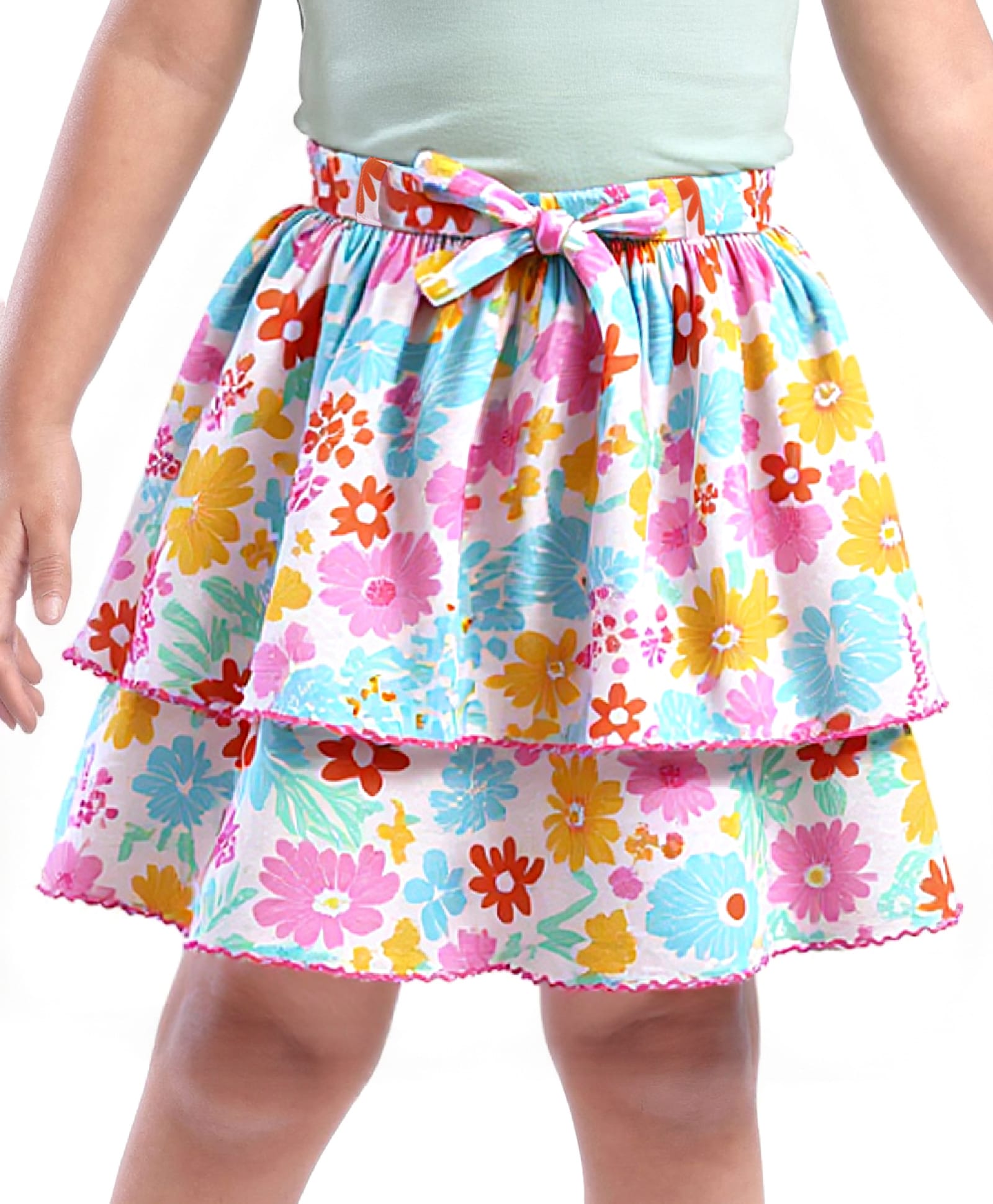 Babyhug Single Jersey Knit Knee Length Layered Floral Printed Skirt - Multicolor-image-13