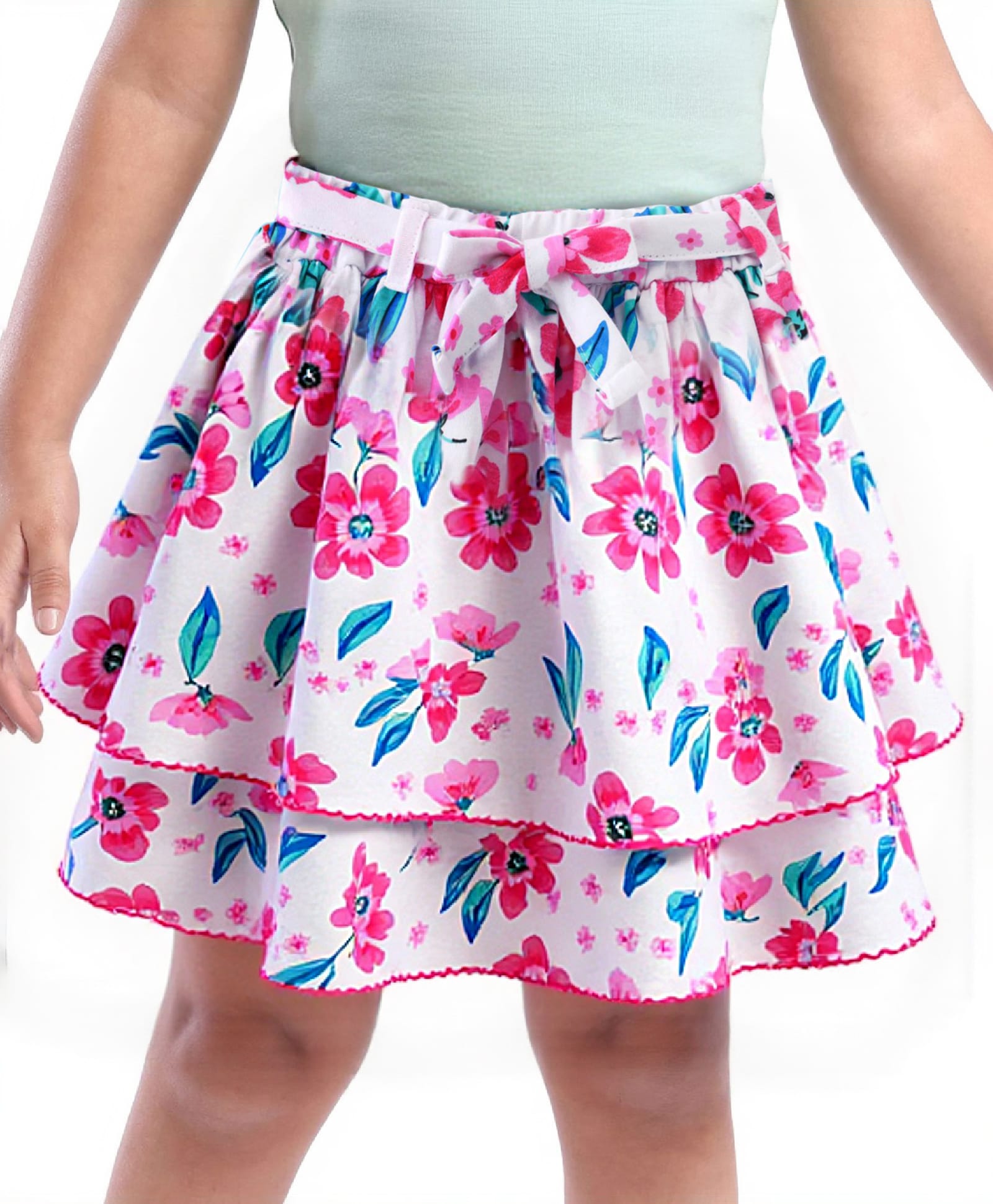 Babyhug Single Jersey Knit Knee Length Layered Floral Printed Skirt - Multicolor-picture-17