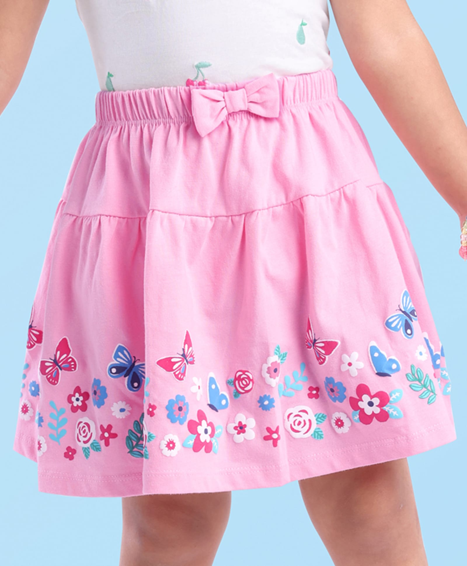 Babyhug Single Jersey Knit Knee Length Skirt Floral Print with Bow Applique - Pink-image-34
