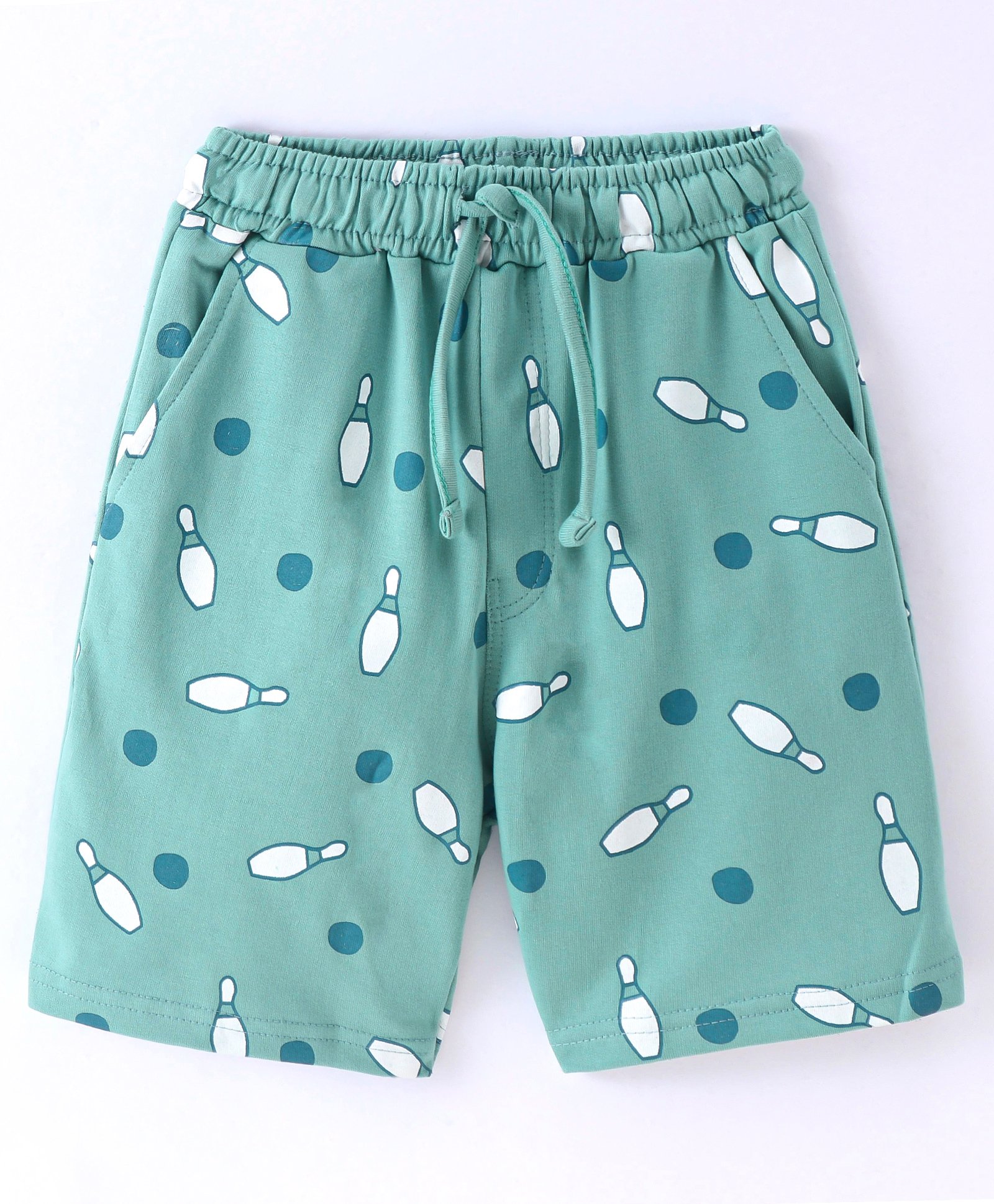 Taeko Looper Knit  Above Knee Length Shorts with Bowling Game Print - Sea Green-image-37
